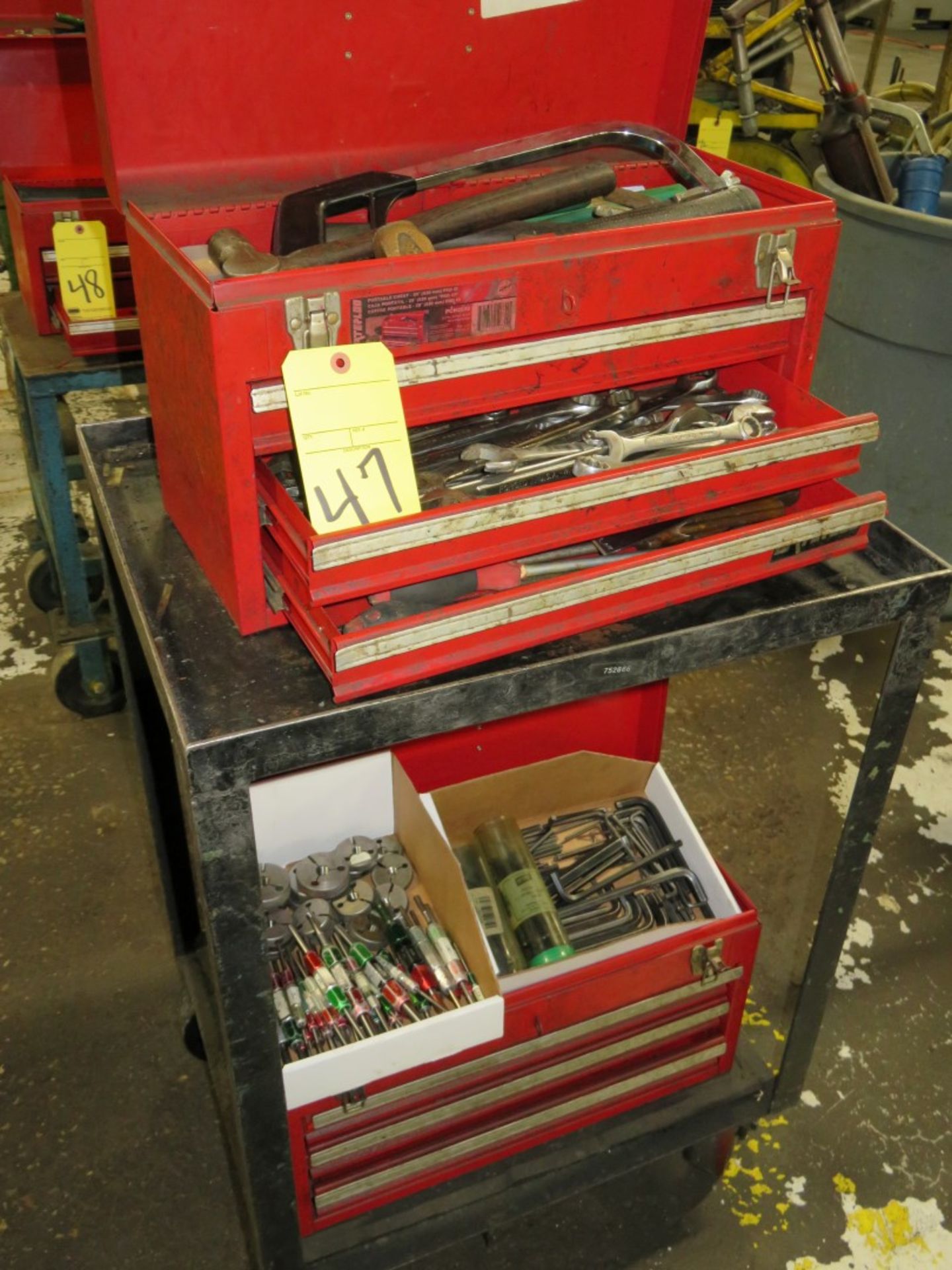LOT OF TOOL CHESTS, 3-drawer, w/contents on cart (2)