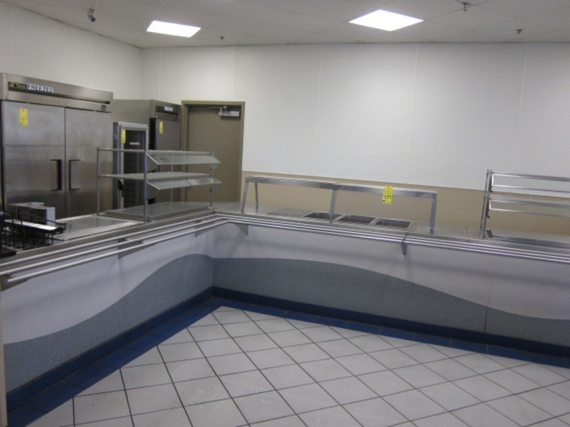 STAINLESS STEEL CAFETERIA LINE w/tray rail, built-in steam table pans & salad station