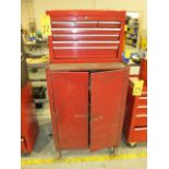 TOOLBOX, wooden base, caster mtd., w/contents