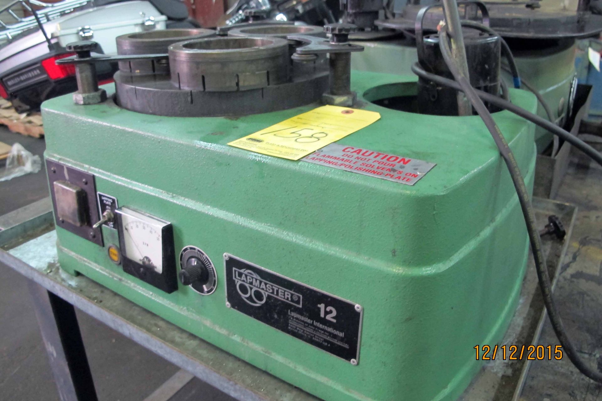 LAPPING MACHINE, LAPMASTER MDL. 12, 12" O.D. x 3" I.D. lap plate, (3) conditioning rings 5-5/8" O.D.