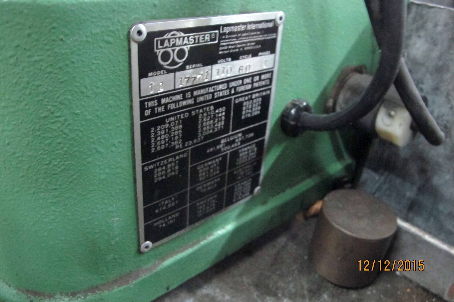 LAPPING MACHINE, LAPMASTER MDL. 12, 12" O.D. x 3" I.D. lap plate, (3) conditioning rings 5-5/8" O.D. - Image 2 of 2