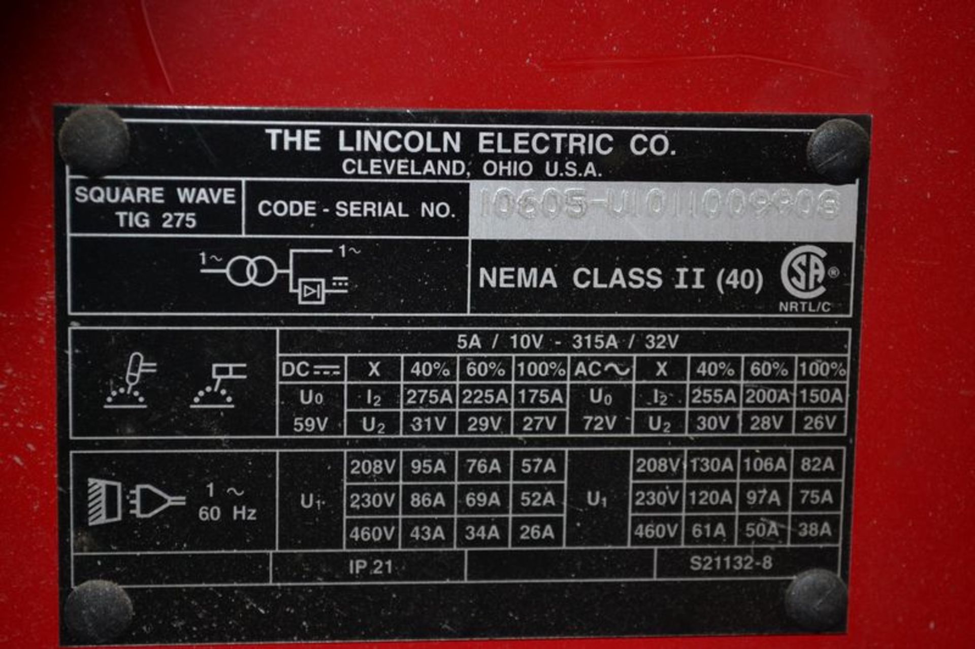 LINCOLN ELECTRIC SQUARE WAVE TIG WELDER, S/N 10605-U1011009909, WITH LINCOLN ELECTRIC COOL ARC 40 - Image 3 of 3