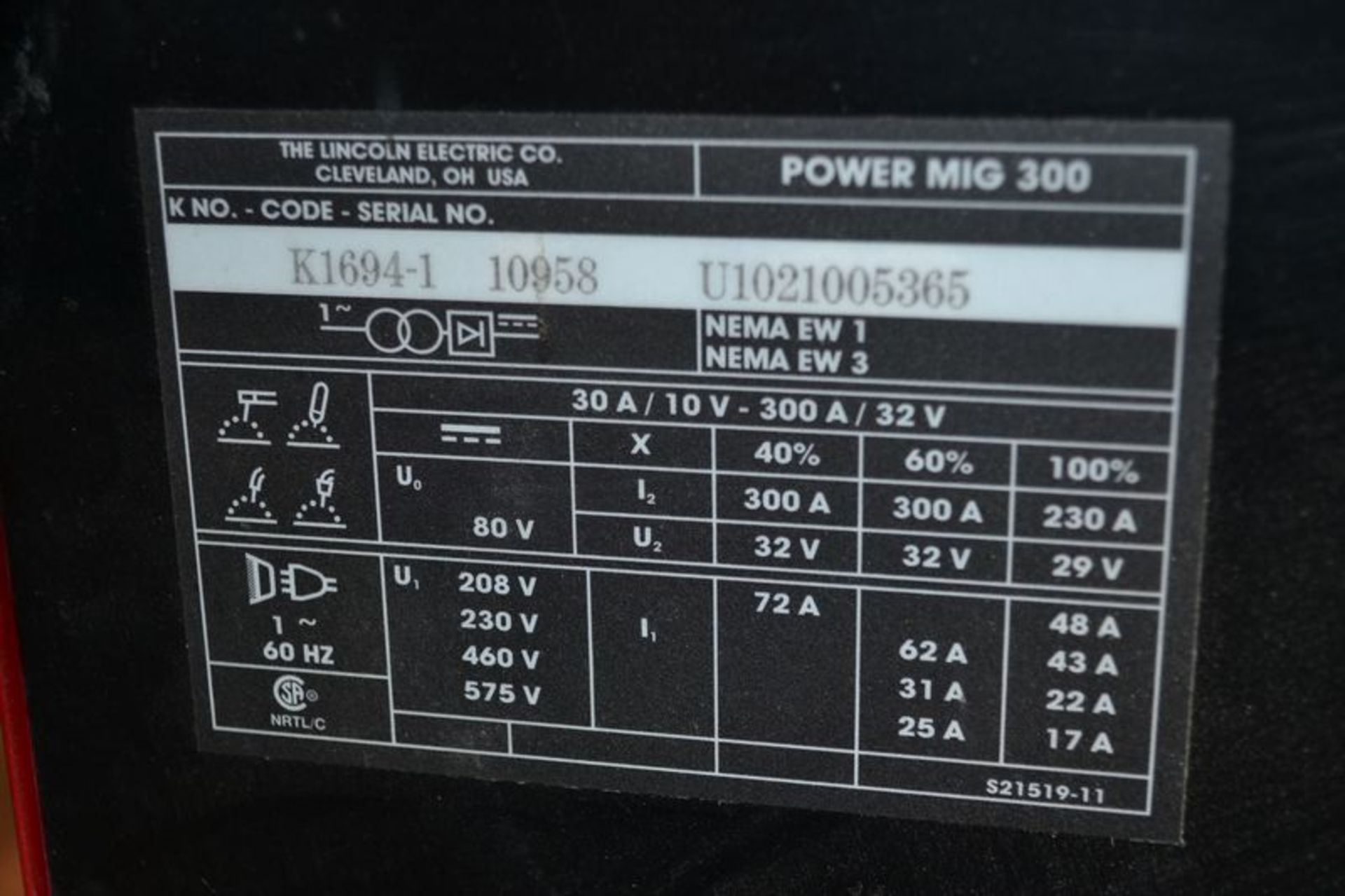 LINCOLN ELECTRIC POWER MIG 300 WELDER, S/N K1694-1/10958/U1021005365 - Image 2 of 2