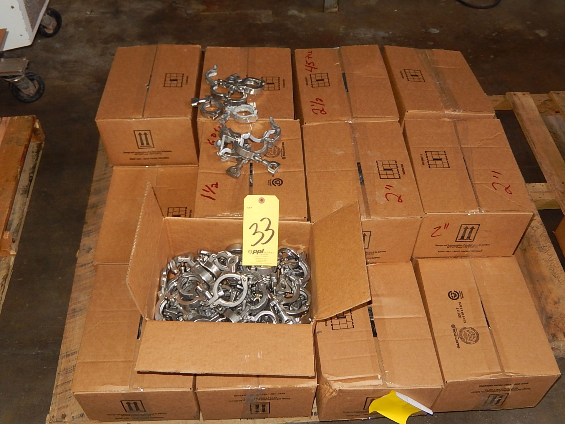 LOT: (20) Boxes 1-1/2 in. & 2 in. Stainless Steel Sanitary QR Pipe Clamps on Pallet