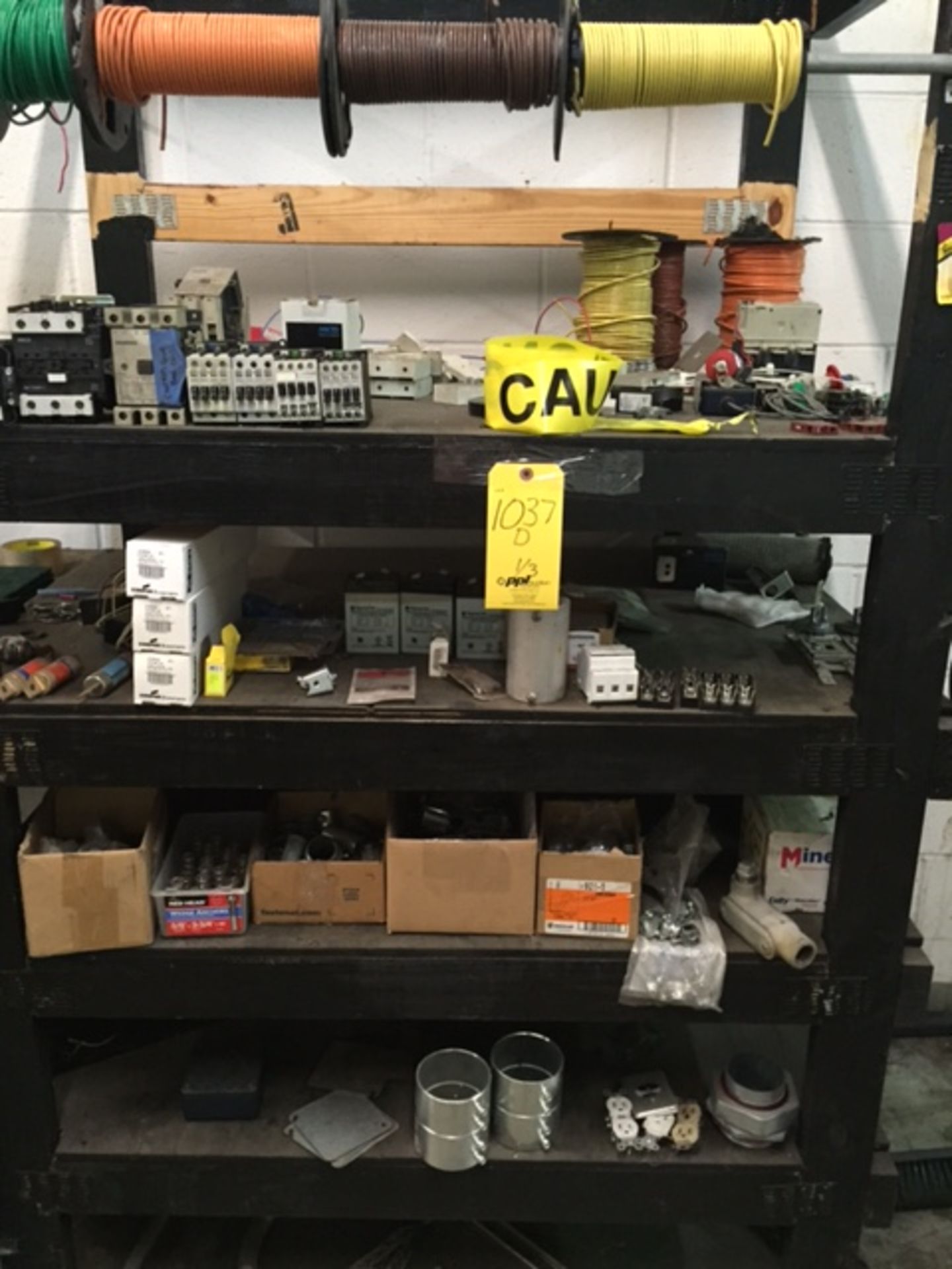 Contents of 2 shelves including electrical contactors, wire, fuses, pipe fitting, fastners, - Image 2 of 2