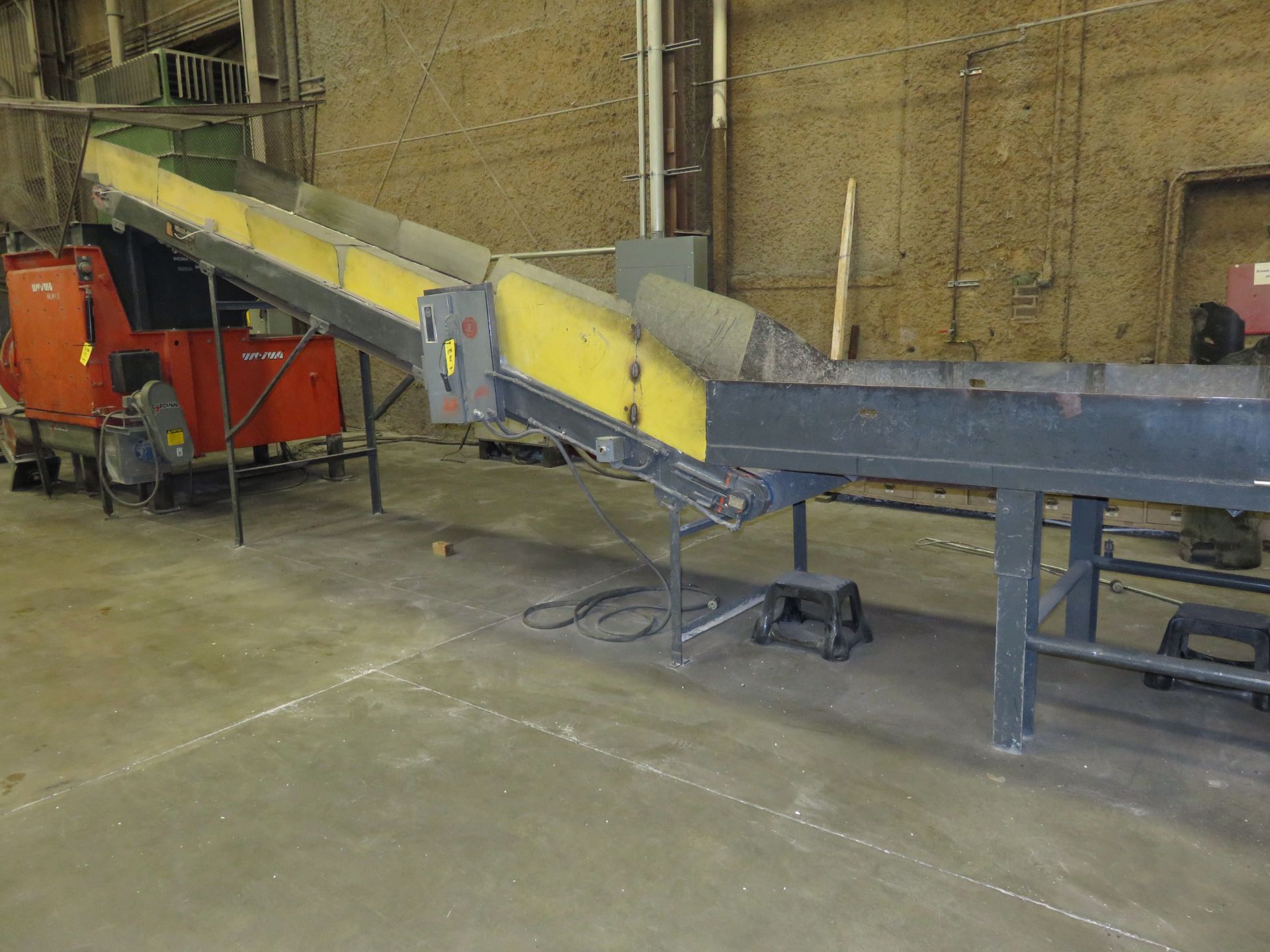 48 in. x 20 ft. (est.) Inclined Power Belt Feed Conveyor, with Receiving Table (Euclid, OH)