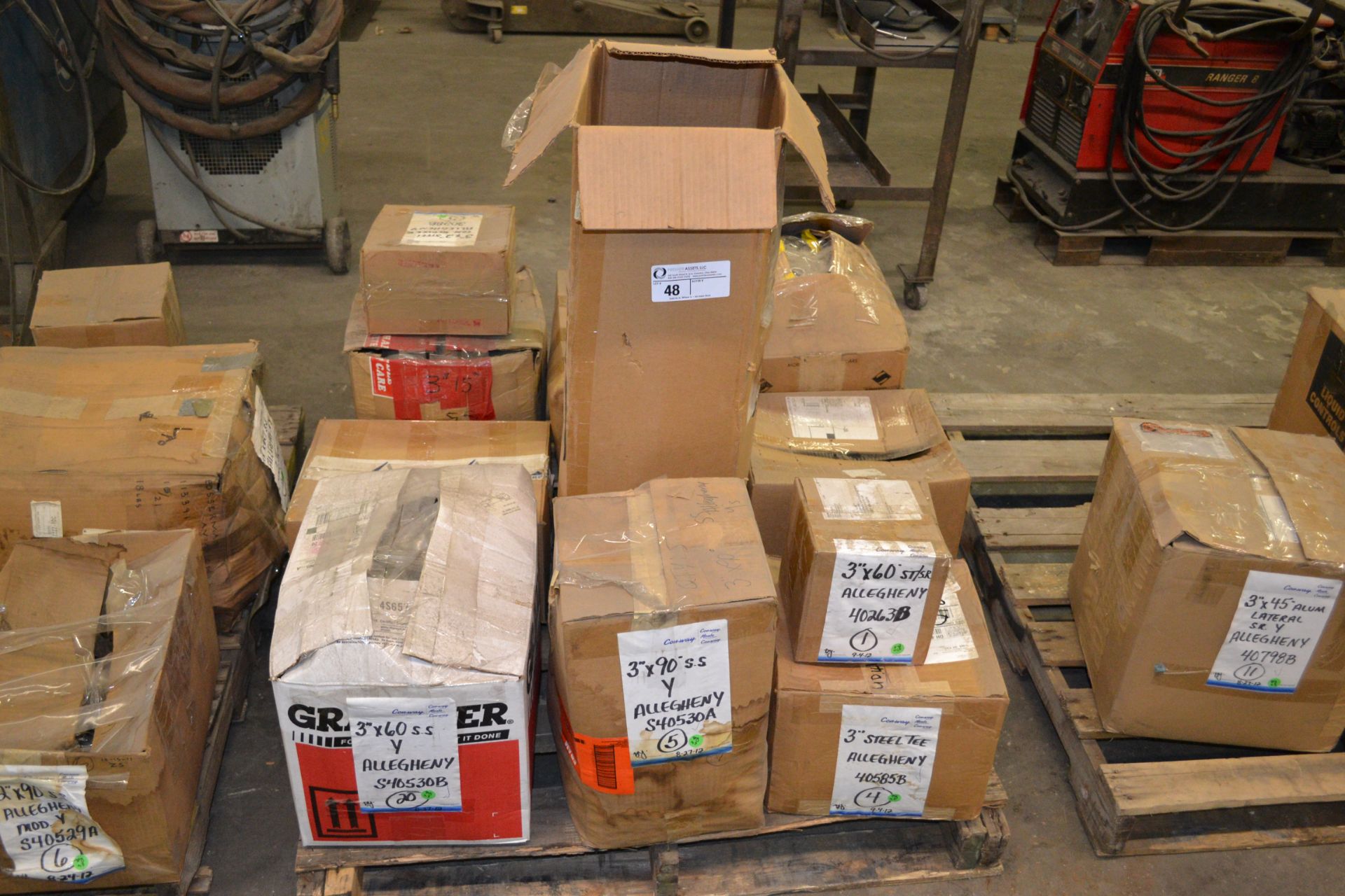 skid with boxes of Allegheny SS/SR & Steel 3" fittings, degrees - 60, 90, Tees, Cross,15, 30 &