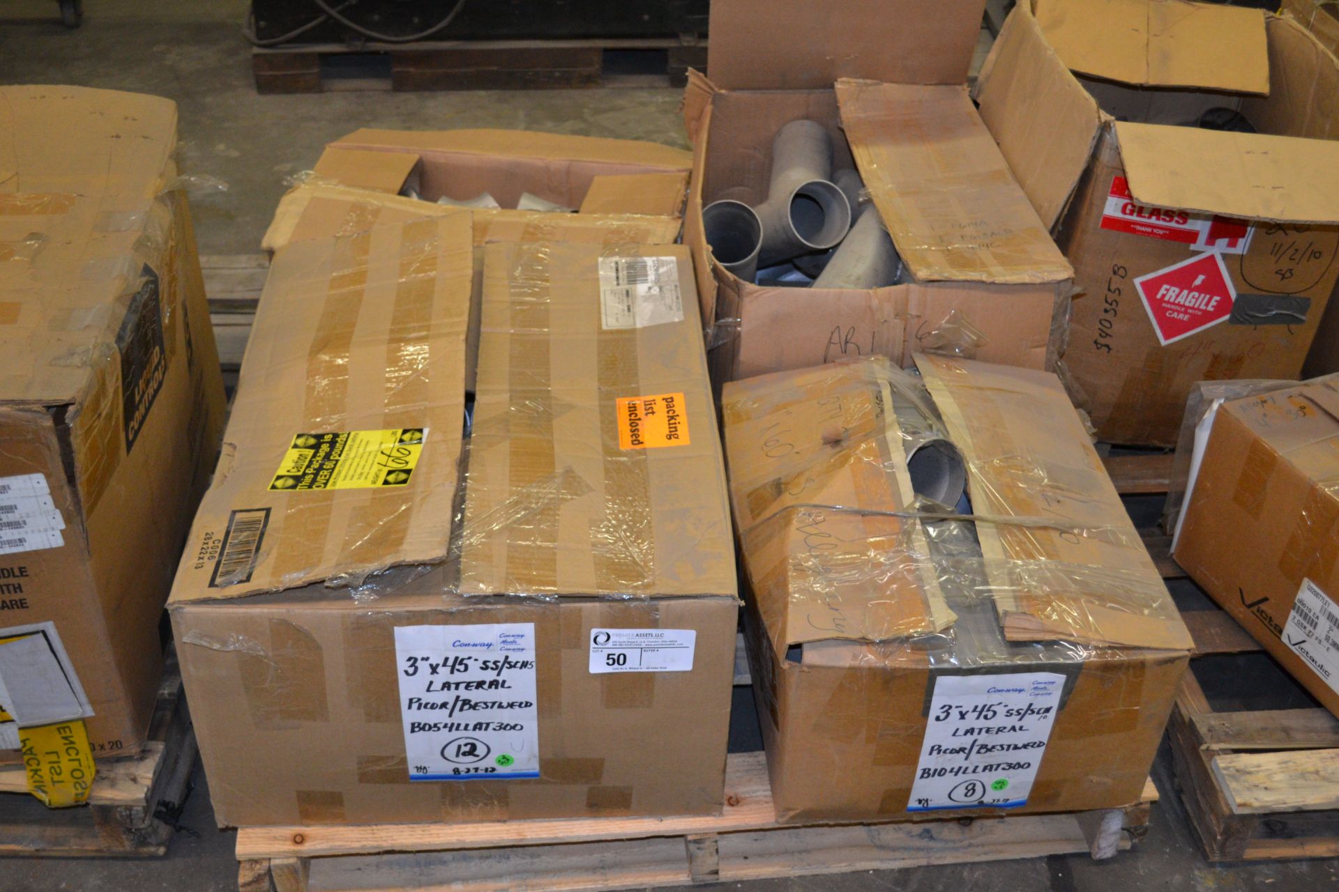 skid with boxes of Picor & Bestweld 3" SS fittings, Y's degrees - 60 & 45