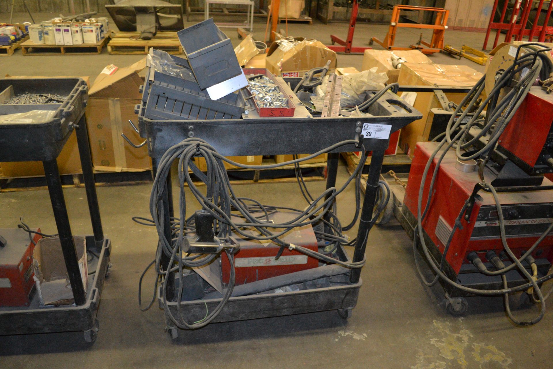 cart with Pro Weld CD-312 welder and misc.