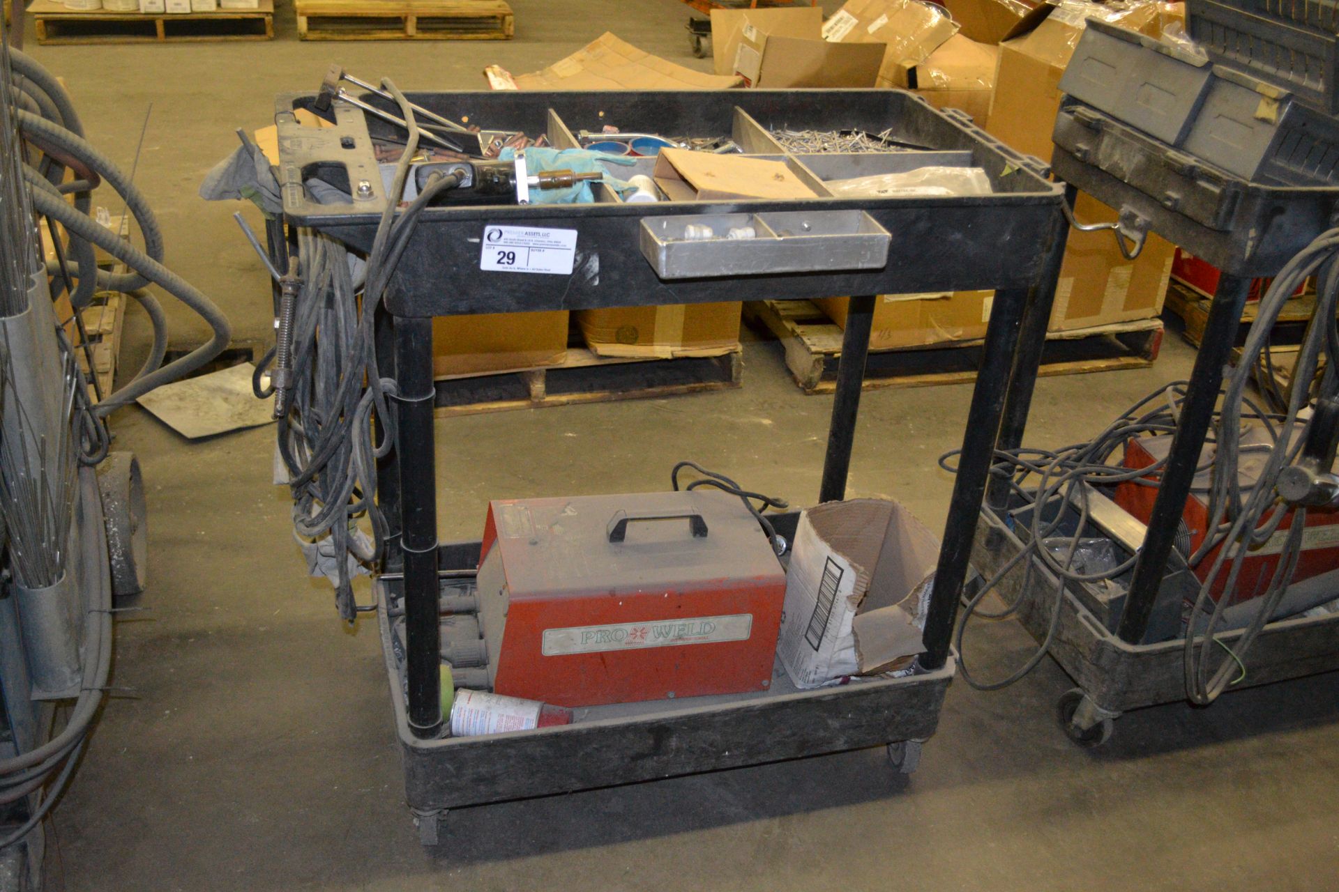 cart with Pro Weld CD-312 welder and misc.