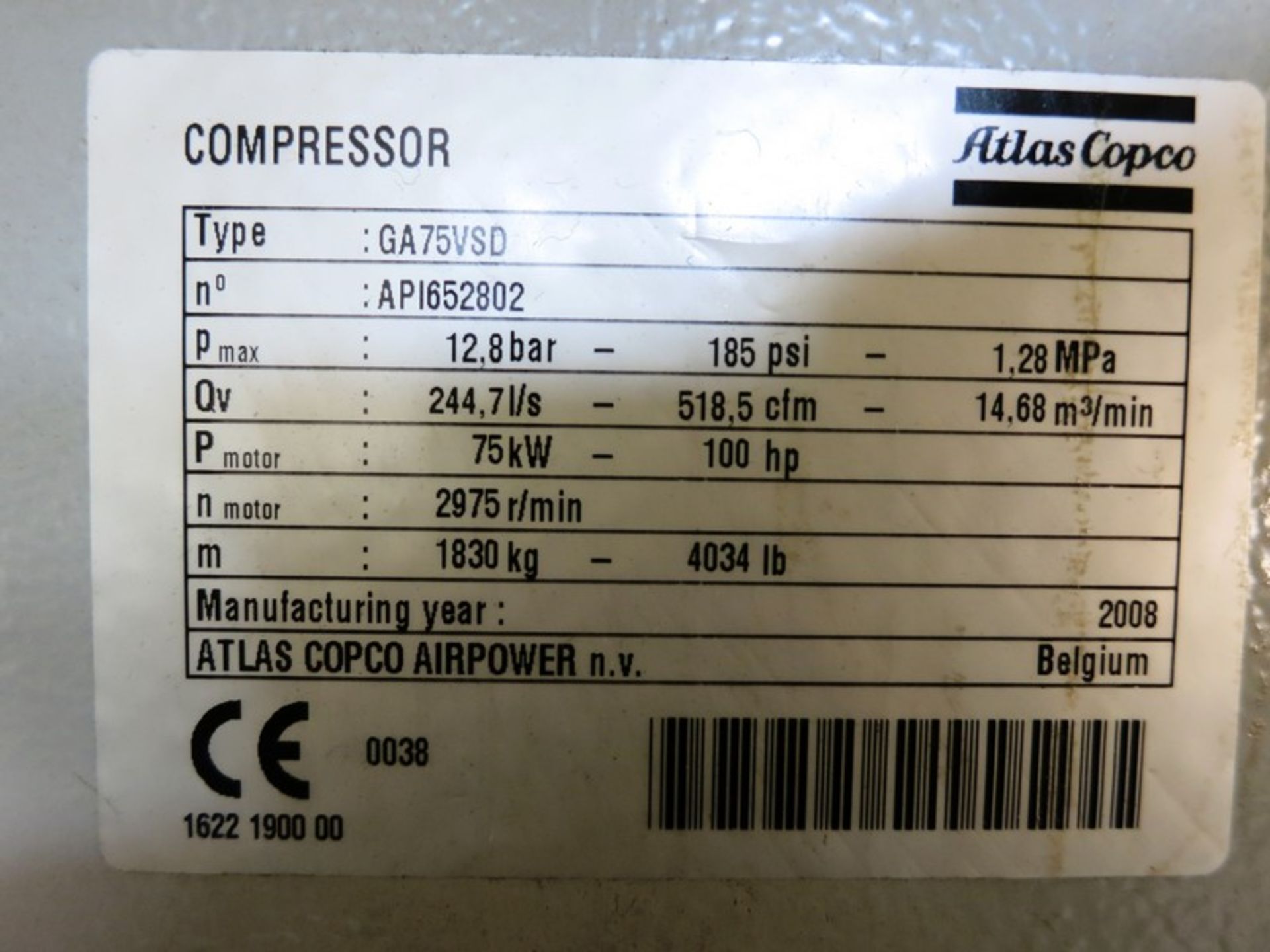 Atlas Copco GA75VSDFF Rotary Screw Air Compressor S/N AP1652802 - Image 3 of 3