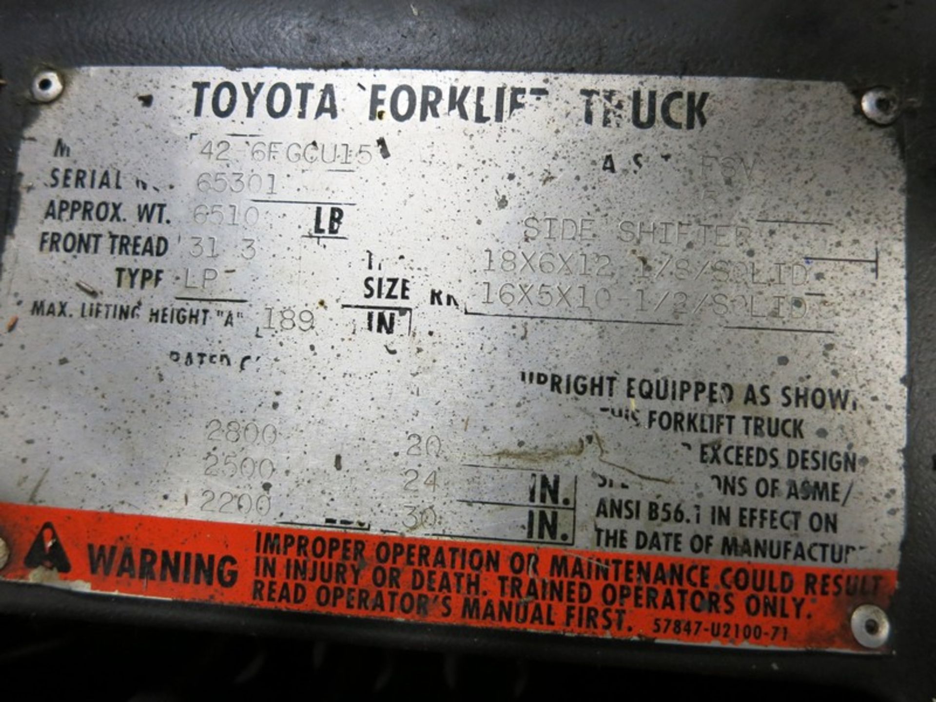 2,500 lbs. Toyota Forklift Truck Model 42-6FGCU15, S/N 65301 (Late Delivery) - Image 4 of 4