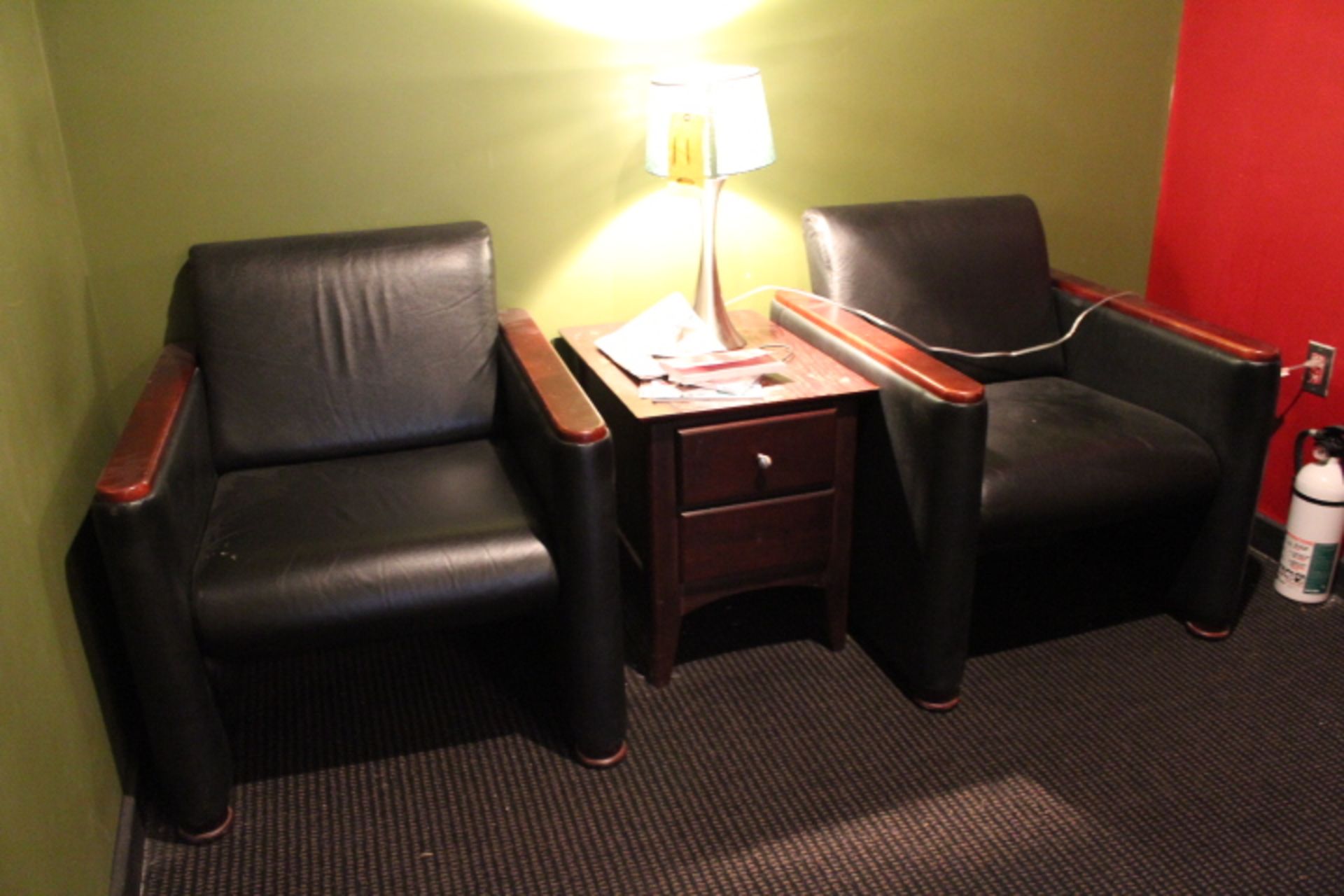 2-LEATHER CHAIRS, WOOD TABLE AND LAMP
