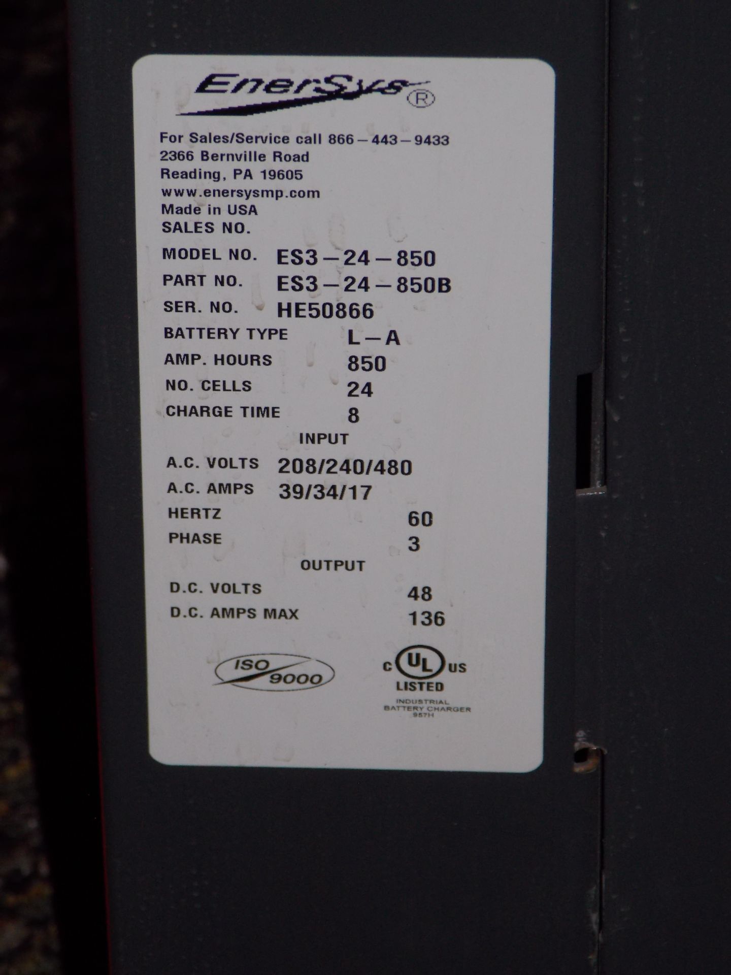 ENERSYS FORK LIFT BATTERY CHARGER MODEL ES3-24-850 - 48 VOLT - Image 2 of 2