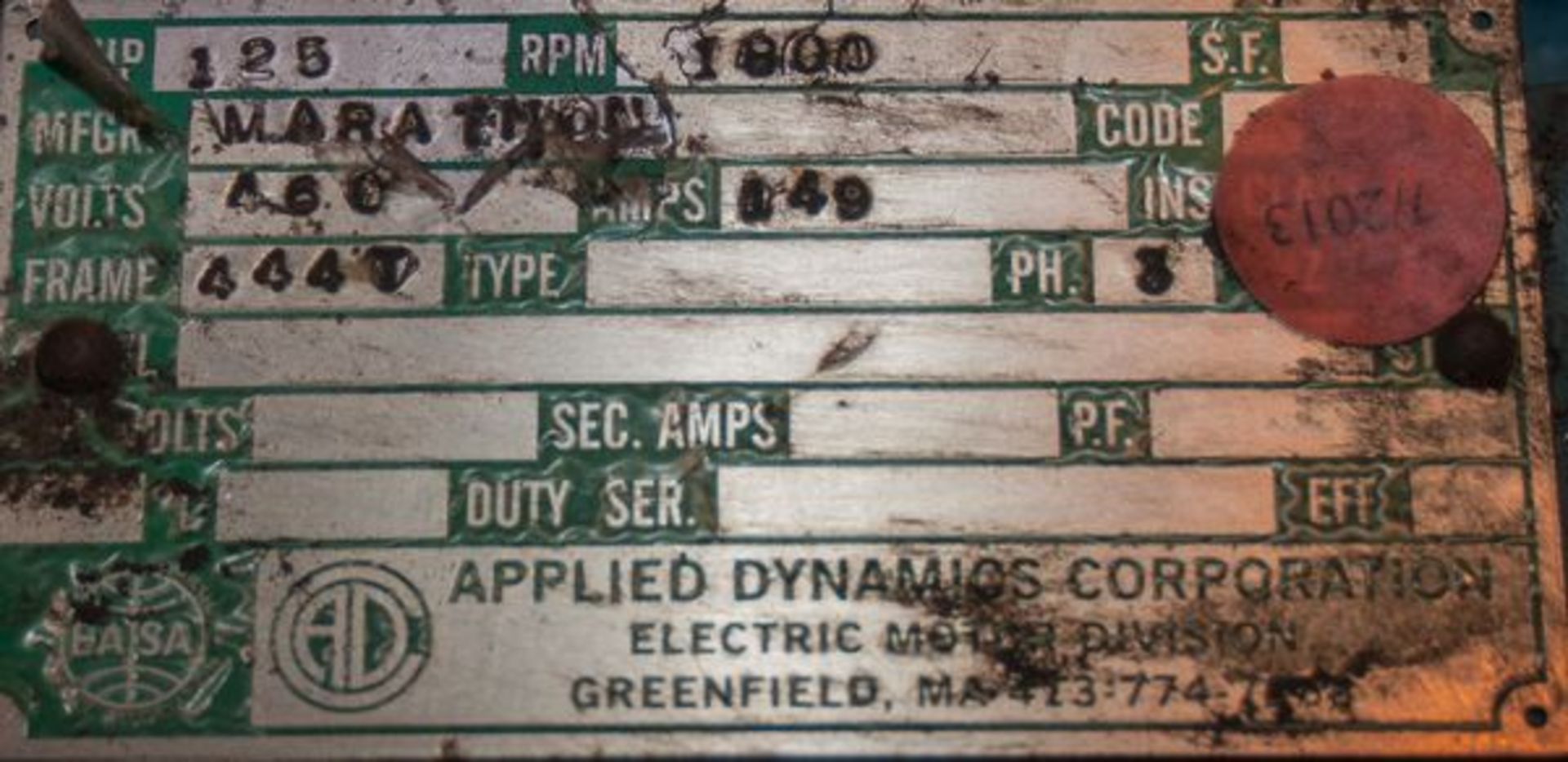APPLIED DYNAMICS CORP. MOTOR; 125 HP.; 1800 RPM.; 460 VOLTS; 149 AMP.; 3 PH.; FRAME 444T (L-580 - Image 2 of 2