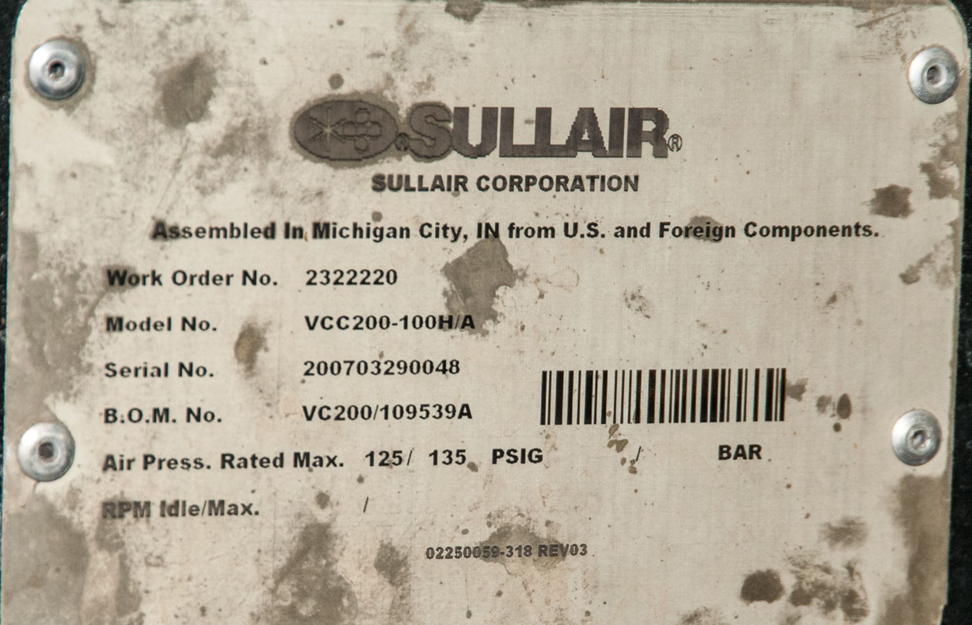 Sullair M/N VCC200-100H/A , s/n 200703290048, rotory screw air compresser, steel pallet mounted, max - Image 2 of 2