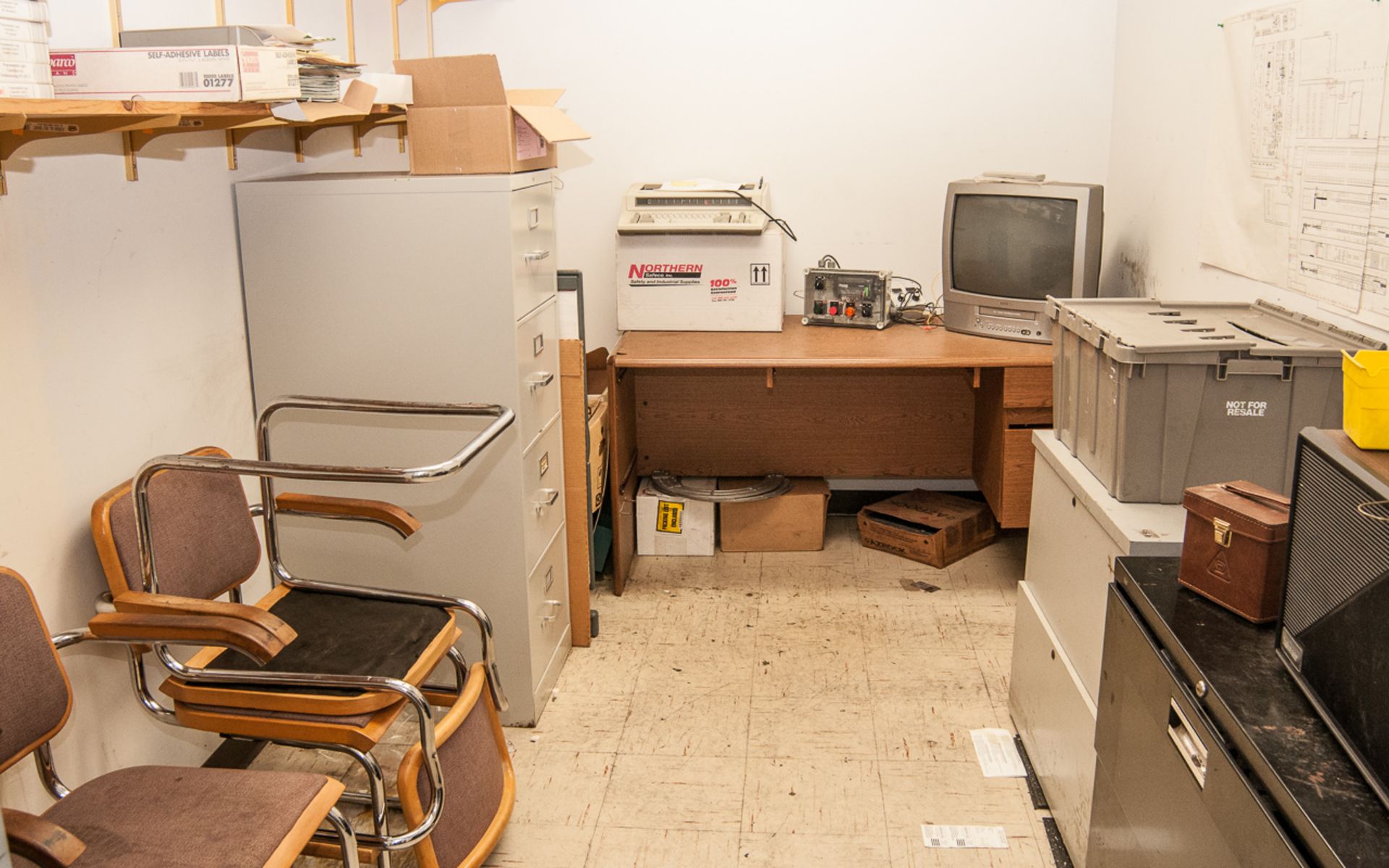 Desk, chairs, file cabinet, tv