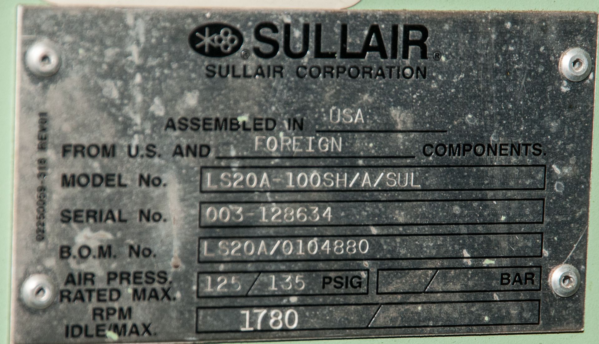 Sullair M/N LS20A-100SH/A/SUL , s/n 003-128634, rotory screw air compresser, steel pallet mounted, - Image 2 of 2