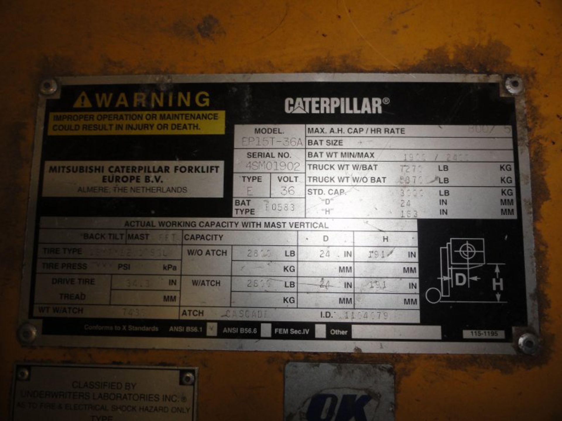 Caterpillar Forklift 2800lbs, Cap., M/N .EP15T-36A, 191" reach, slide shift S/N 45M01902 - Image 2 of 3