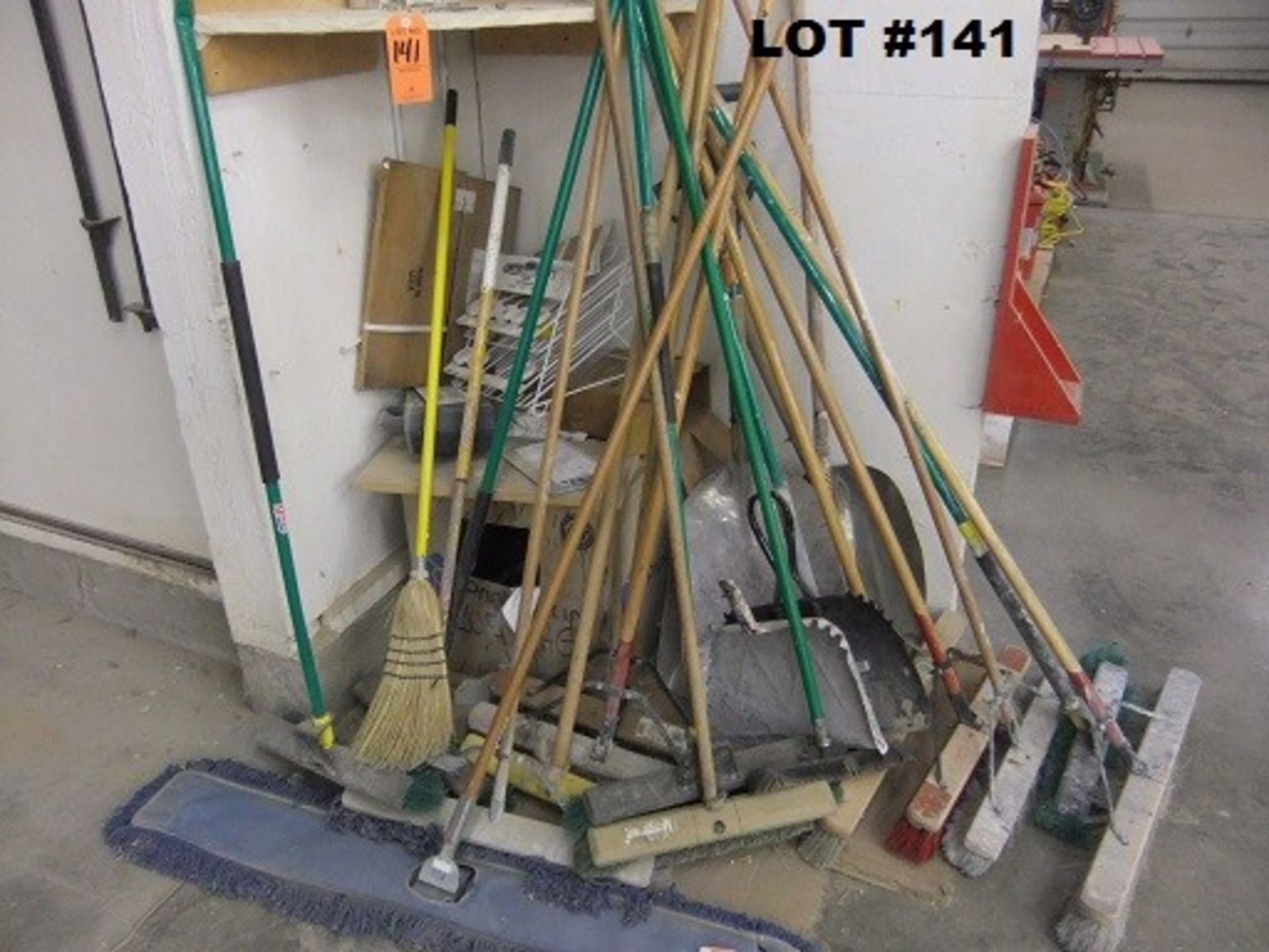 LOT: ASSORTED HAND IMPLEMENTS - BROOMS, SHOVELS, ETC.