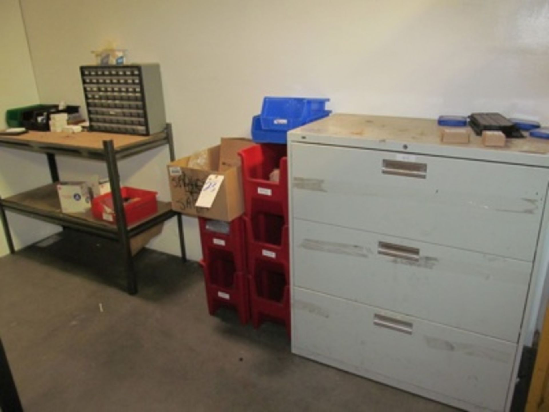 (Lot) Lateral File Cabinet, Red & Blue Bins & Rack
