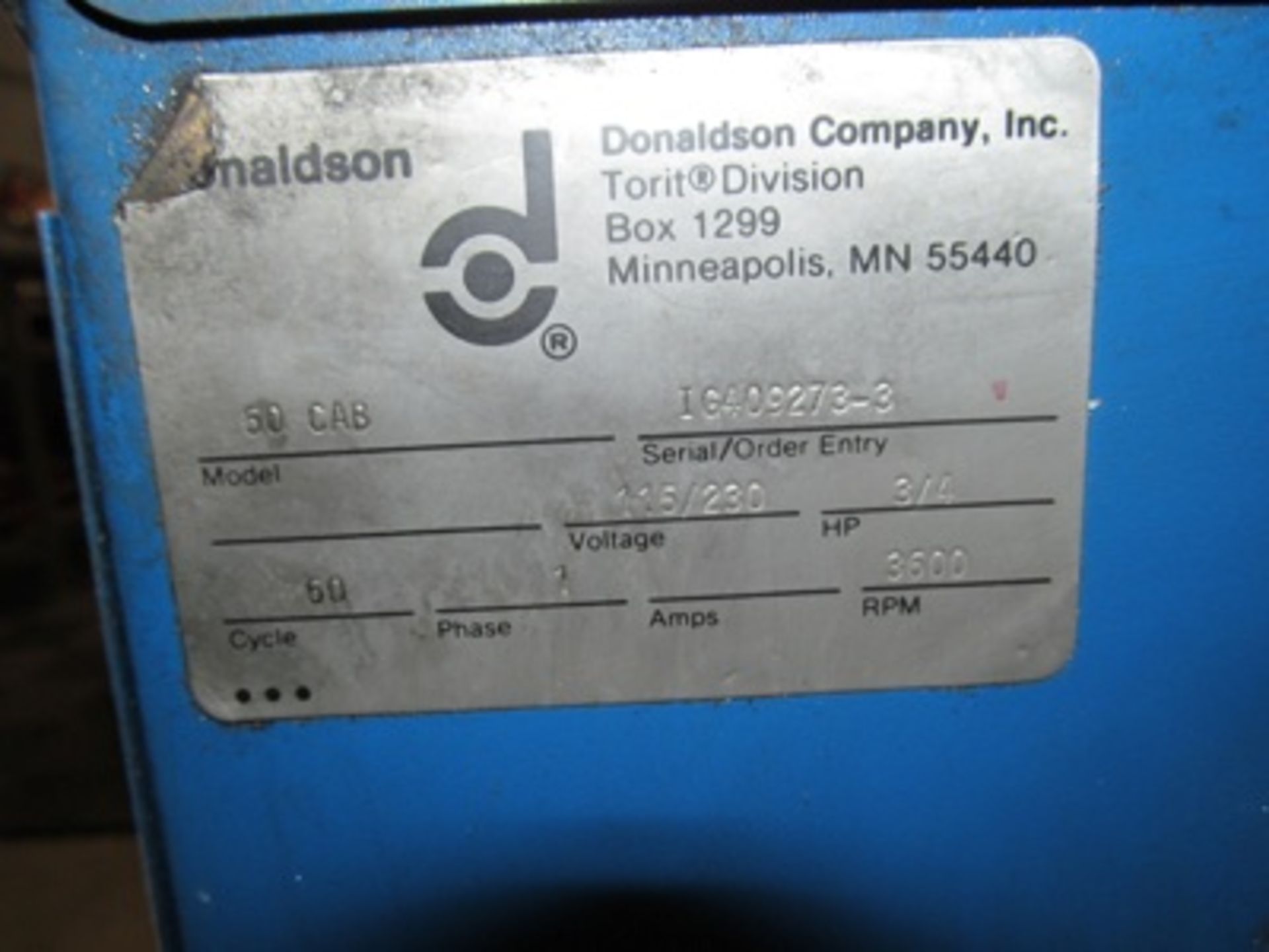 Donaldson Torit mod. 50 Cab. Portable Dust Collection System, 3/4hp, 60 Cycle, 3600 RPM - Image 2 of 2
