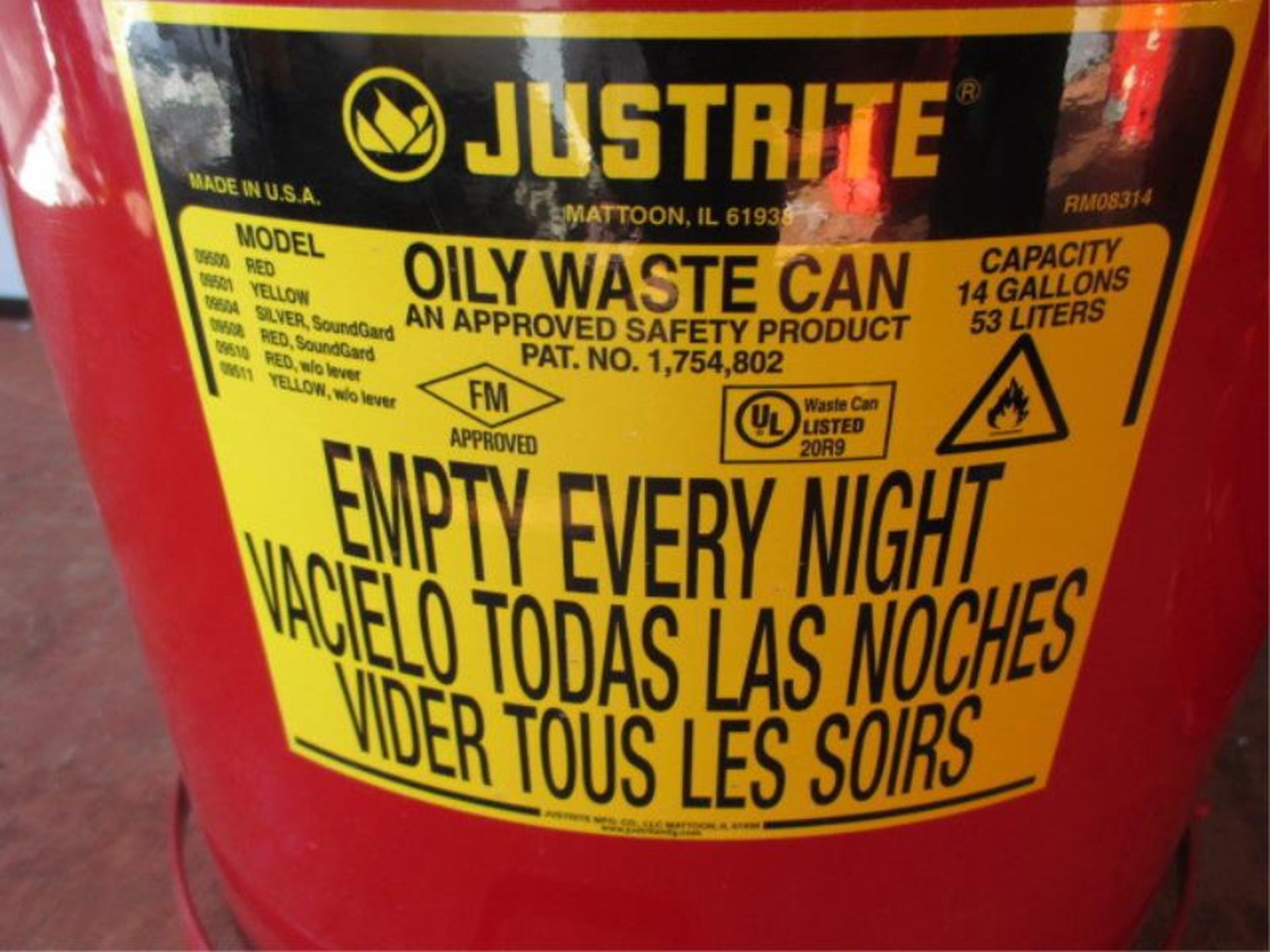 Justrite Oil Waste Can, Model: 09500, 14 Gallon, Metal, Red w/ Foot Pedal Lid Metal, Red w/ Foot - Image 3 of 7