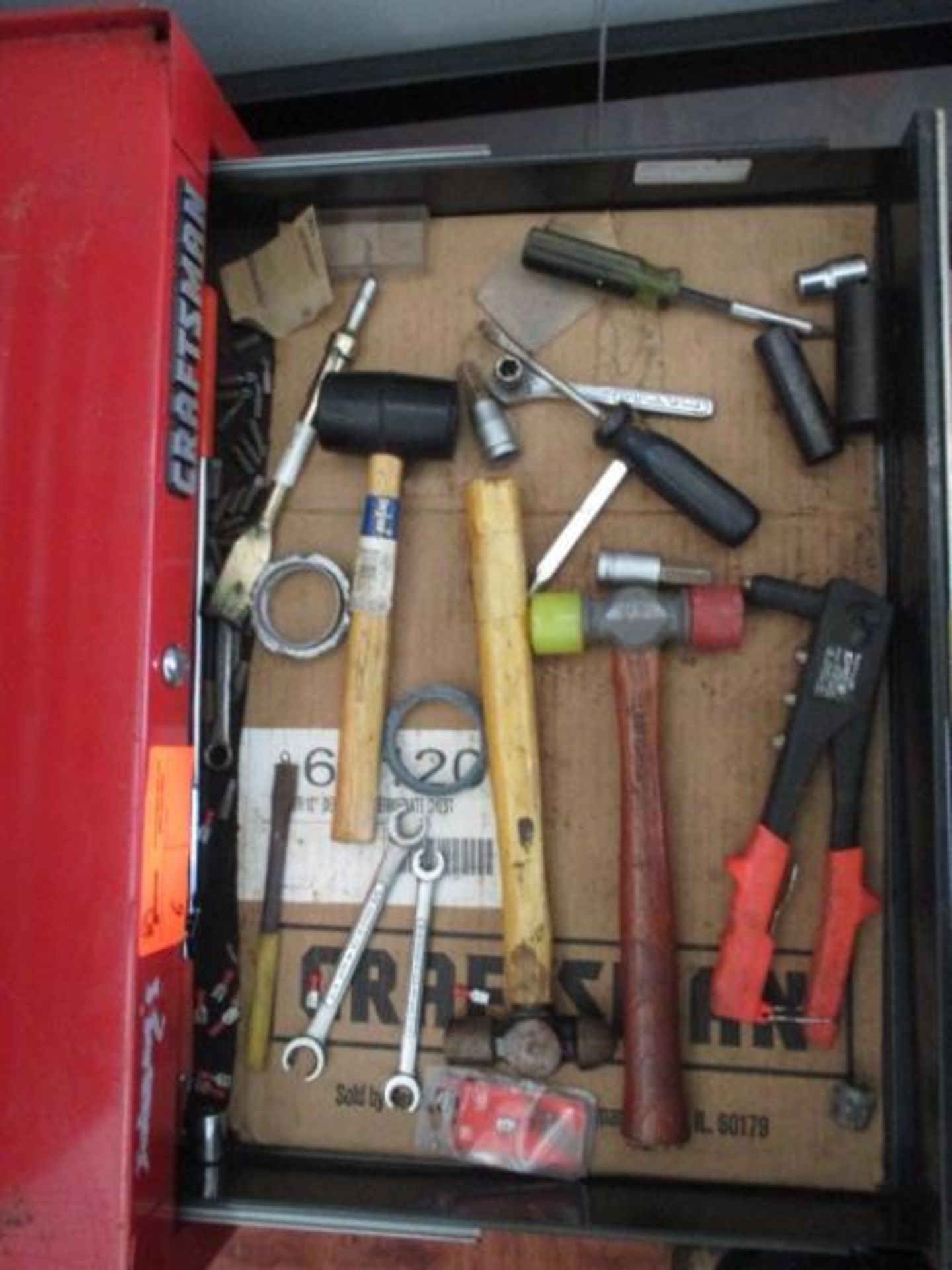 Craftsmam Rolling Tool Box, Red, 5 Drawer w/ Assorted Tools Including: Rivet Gun, Ball Peen Hammers,