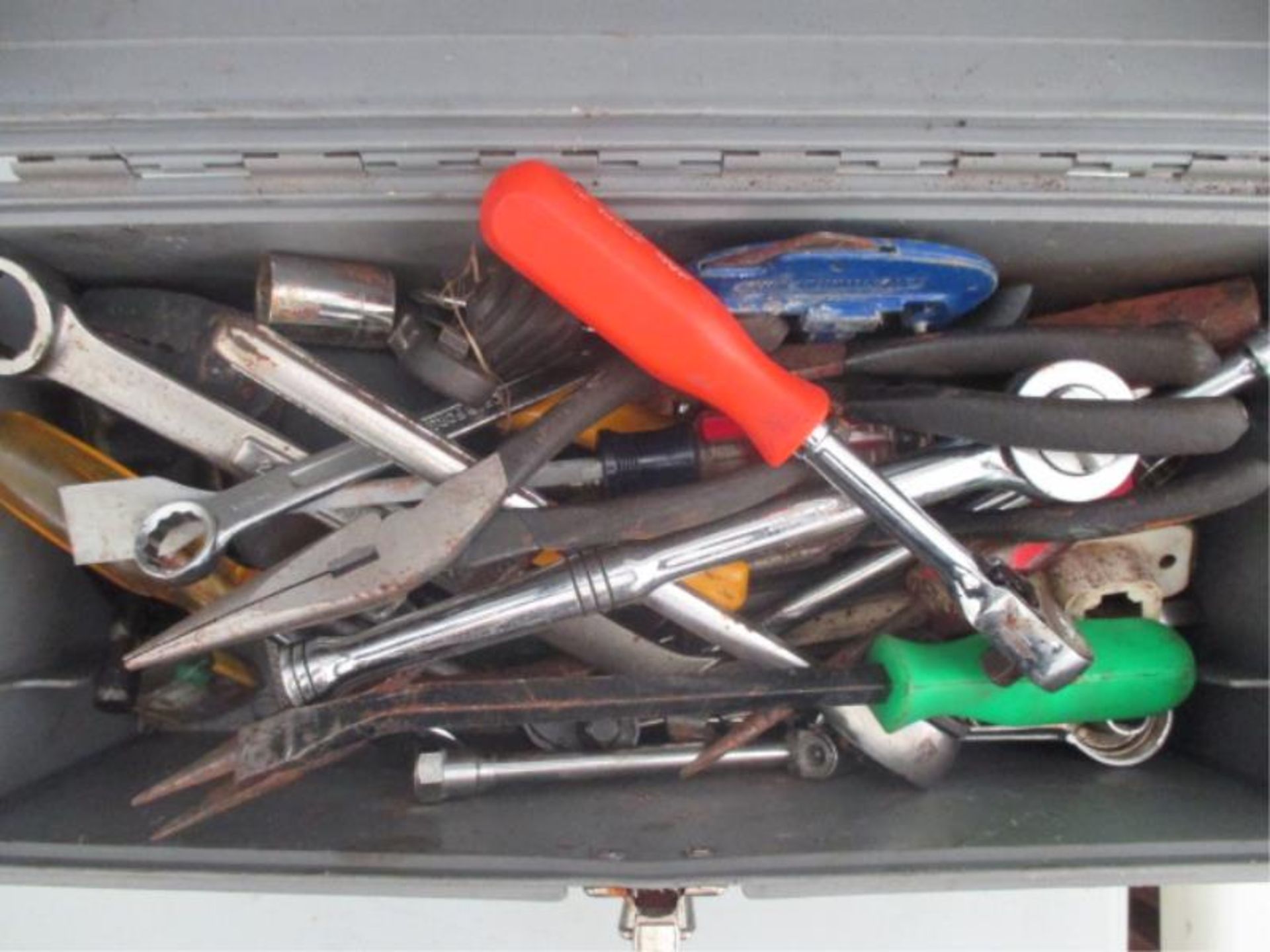 Craftsman Grey Plastic Tool Box w/ Assorted Tools Including: Pliers, Ratchet, Sockets, Strippers, - Image 2 of 7