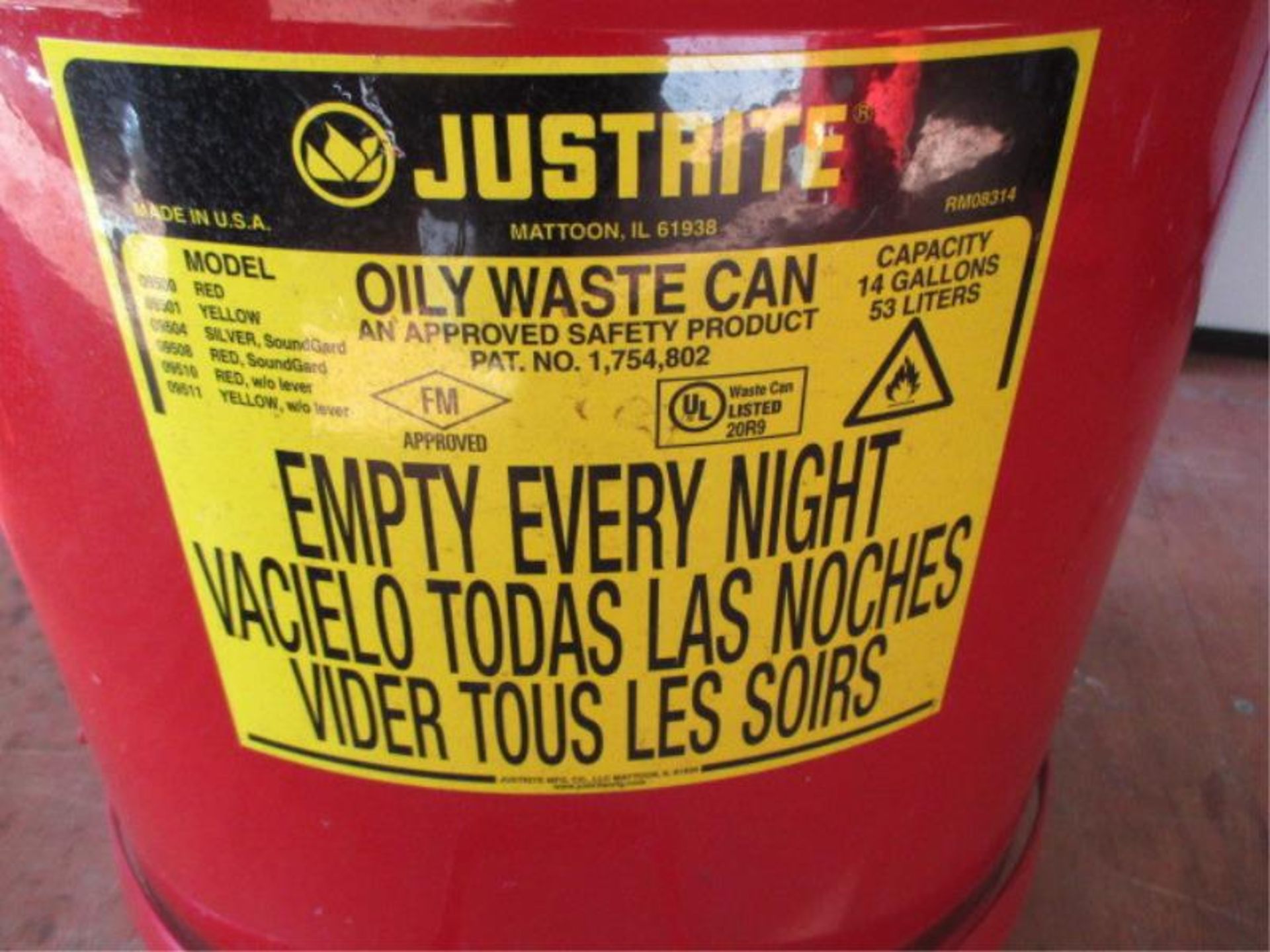 Justrite Oil Waste Can, Model: 09500, 14 Gallon, Metal, Red w/ Foot Pedal Lid Metal, Red w/ Foot - Image 4 of 7