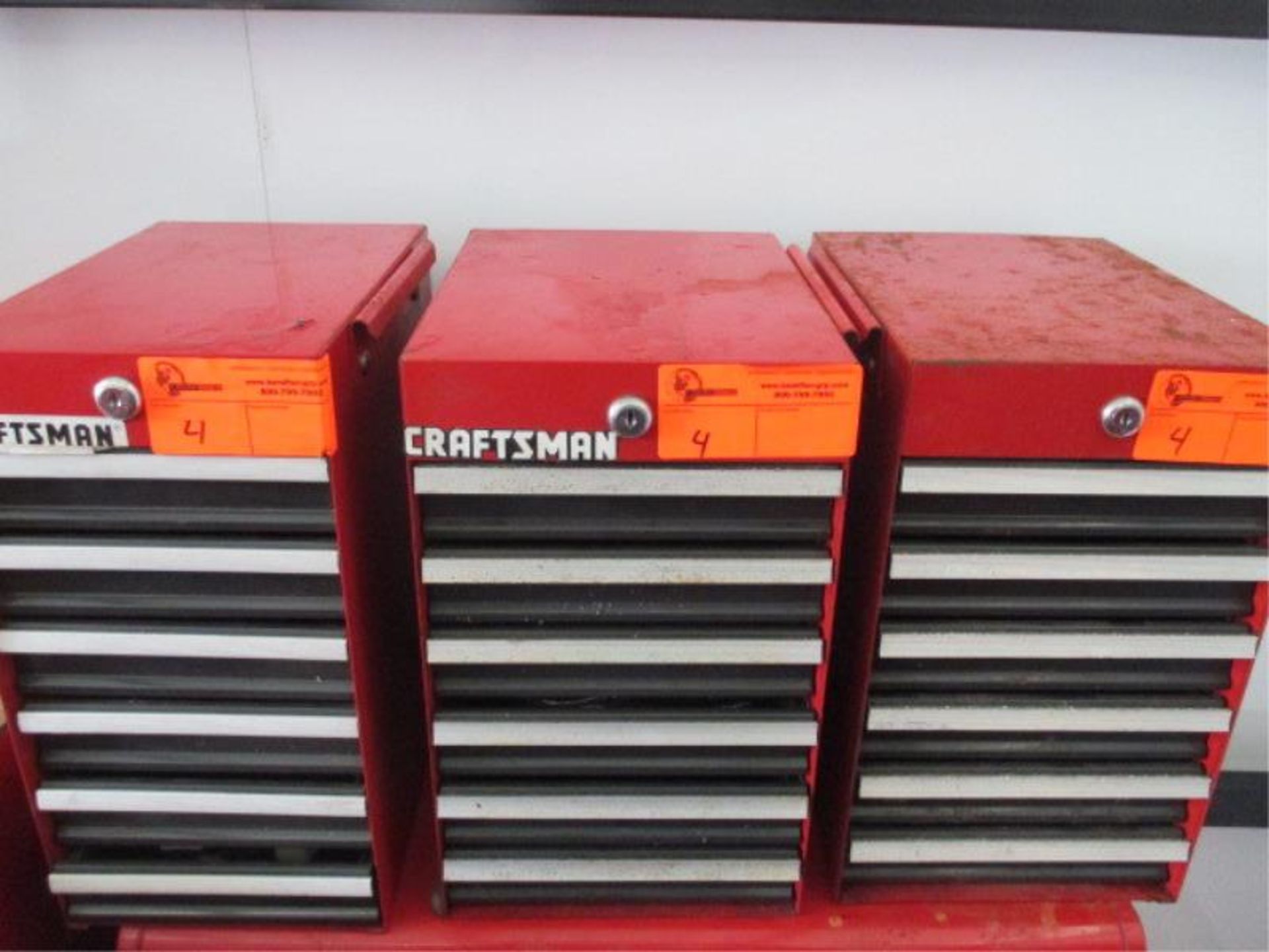 (3) Craftsman Small Tool Boxres, Red, 6 Drawers w/ Assorted Tools Including: Pliers, Screwdrivers,