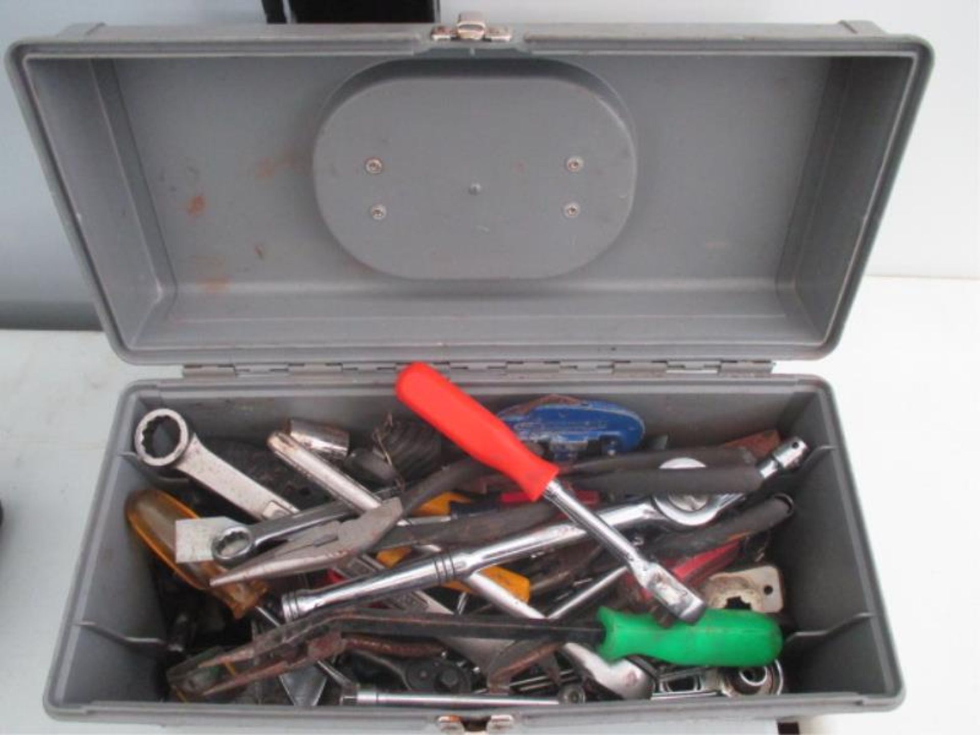 Craftsman Grey Plastic Tool Box w/ Assorted Tools Including: Pliers, Ratchet, Sockets, Strippers,