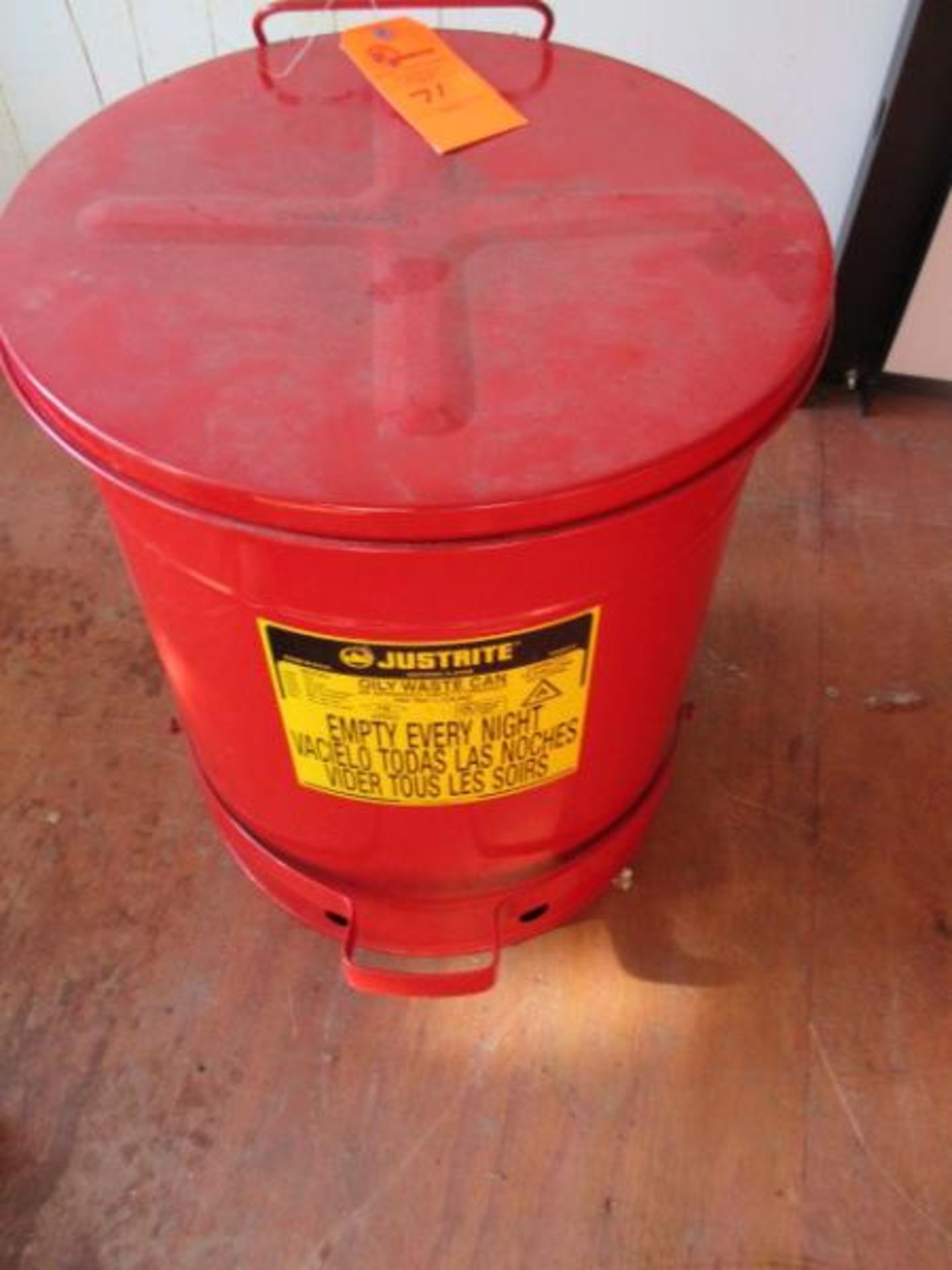 Justrite Oil Waste Can, Model: 09500, 14 Gallon, Metal, Red w/ Foot Pedal Lid Metal, Red w/ Foot