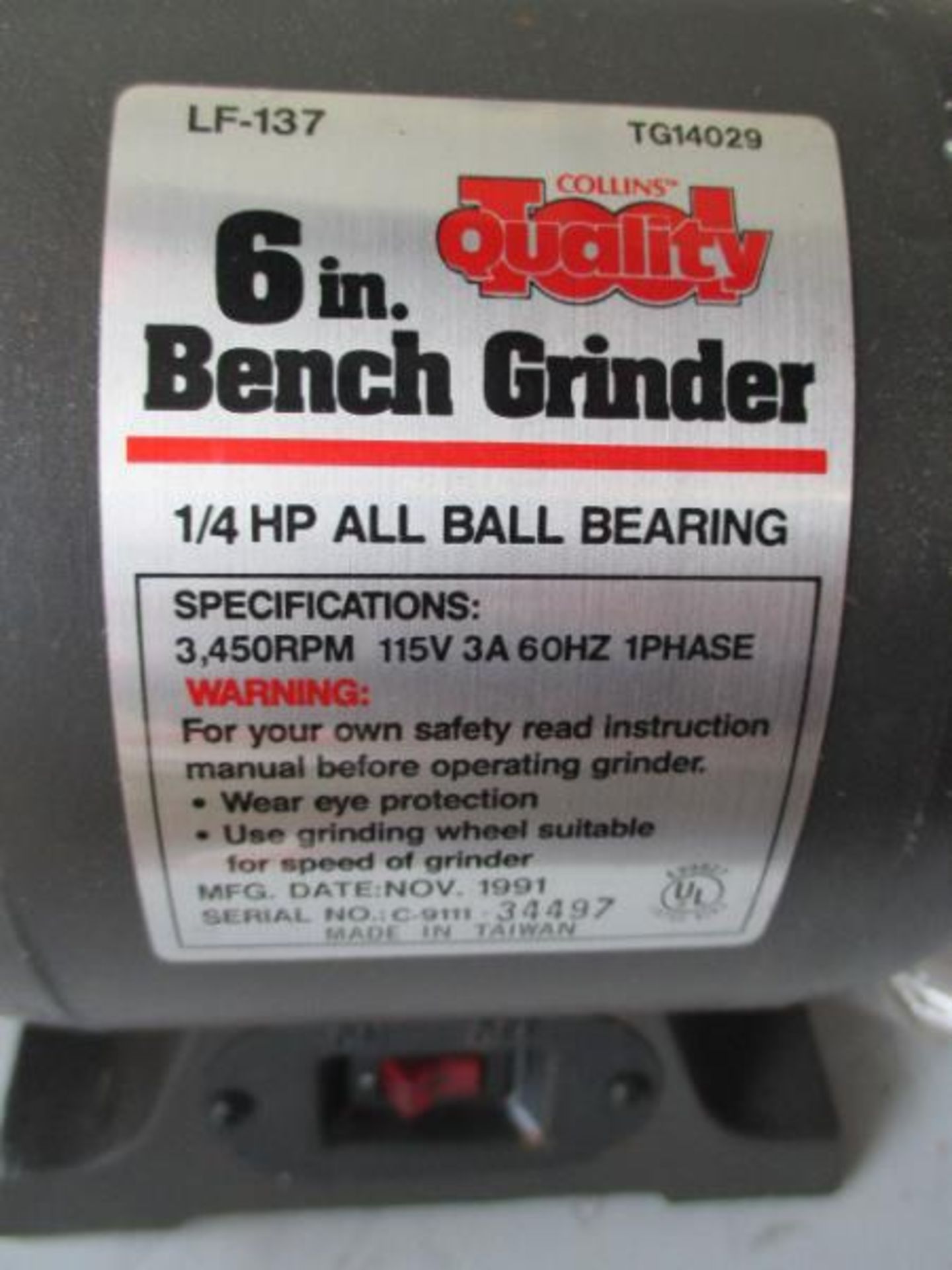 Collins Quality 6" Bench Grinder, Model: LF-137, SN: 7G14029, 1/2 HP Ball Bearing, Nov. 1991 SN: - Image 2 of 5