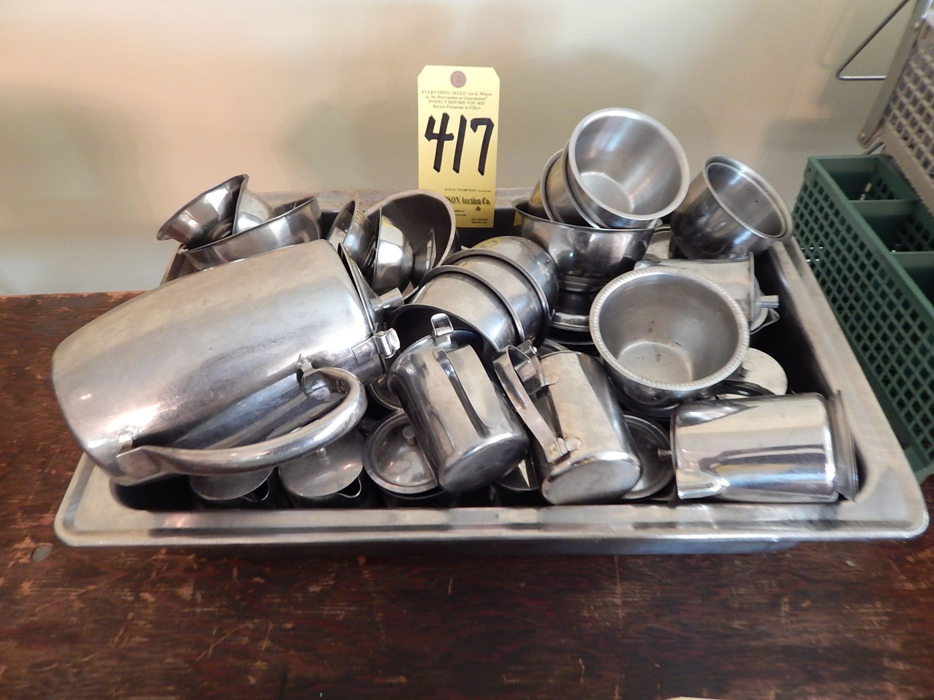 Tray of Stainless Steel Pitcher, Creamers, Bowls, Etc.