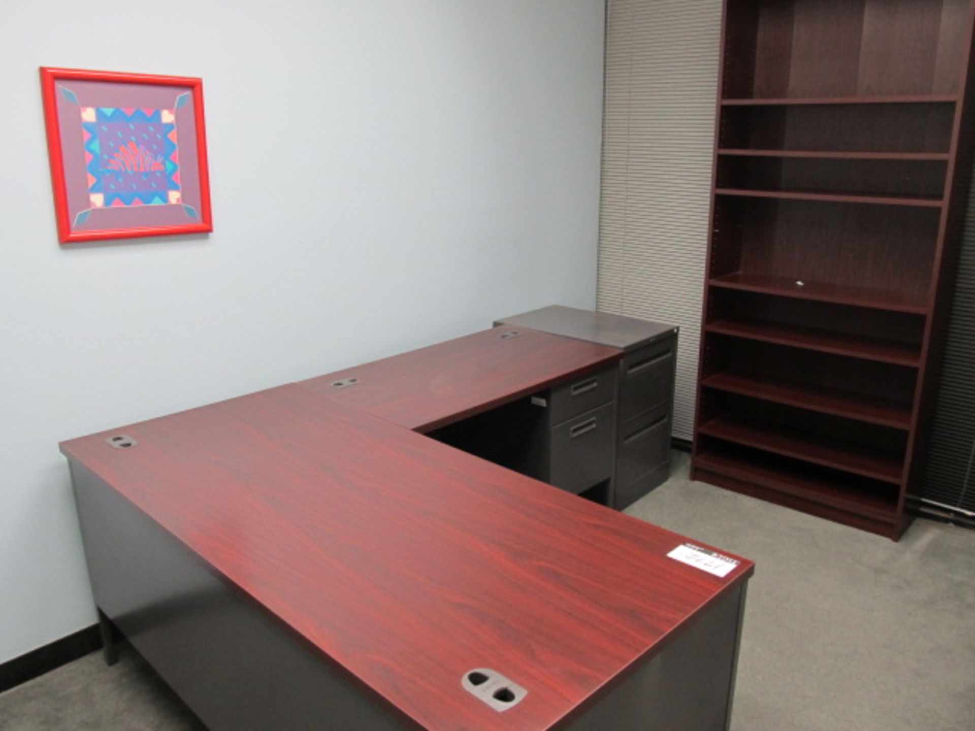 Lot Contents Of Office, (1) L-Shaped Desk, (1) Hon Metal 2 Drawer Vertical File Cabinet, (1) Wood