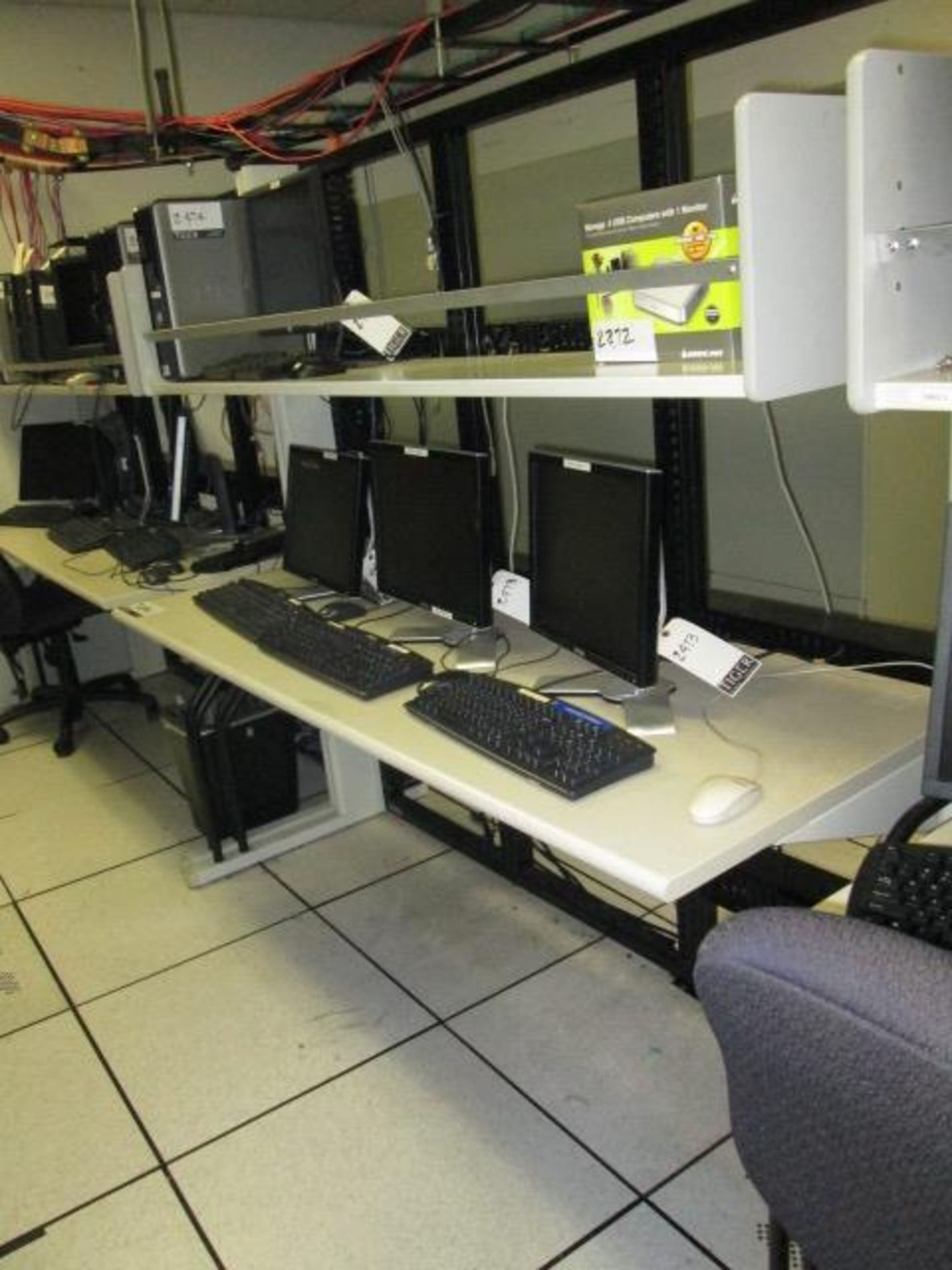 White 6ft Computer Lab Workstation, Overhang Metal Shelve, w/ Rear Data Cable Management System. **