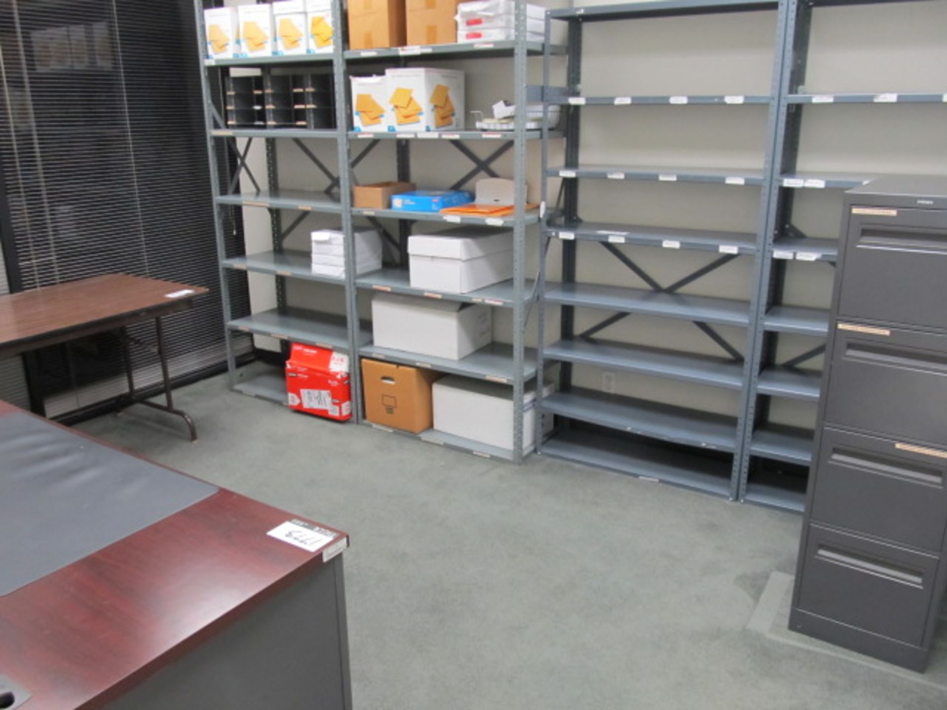 Lot Contents Of Office, (1) Metal Desk, (4) Assorted Metal Light Duty Racks Including Contents Of