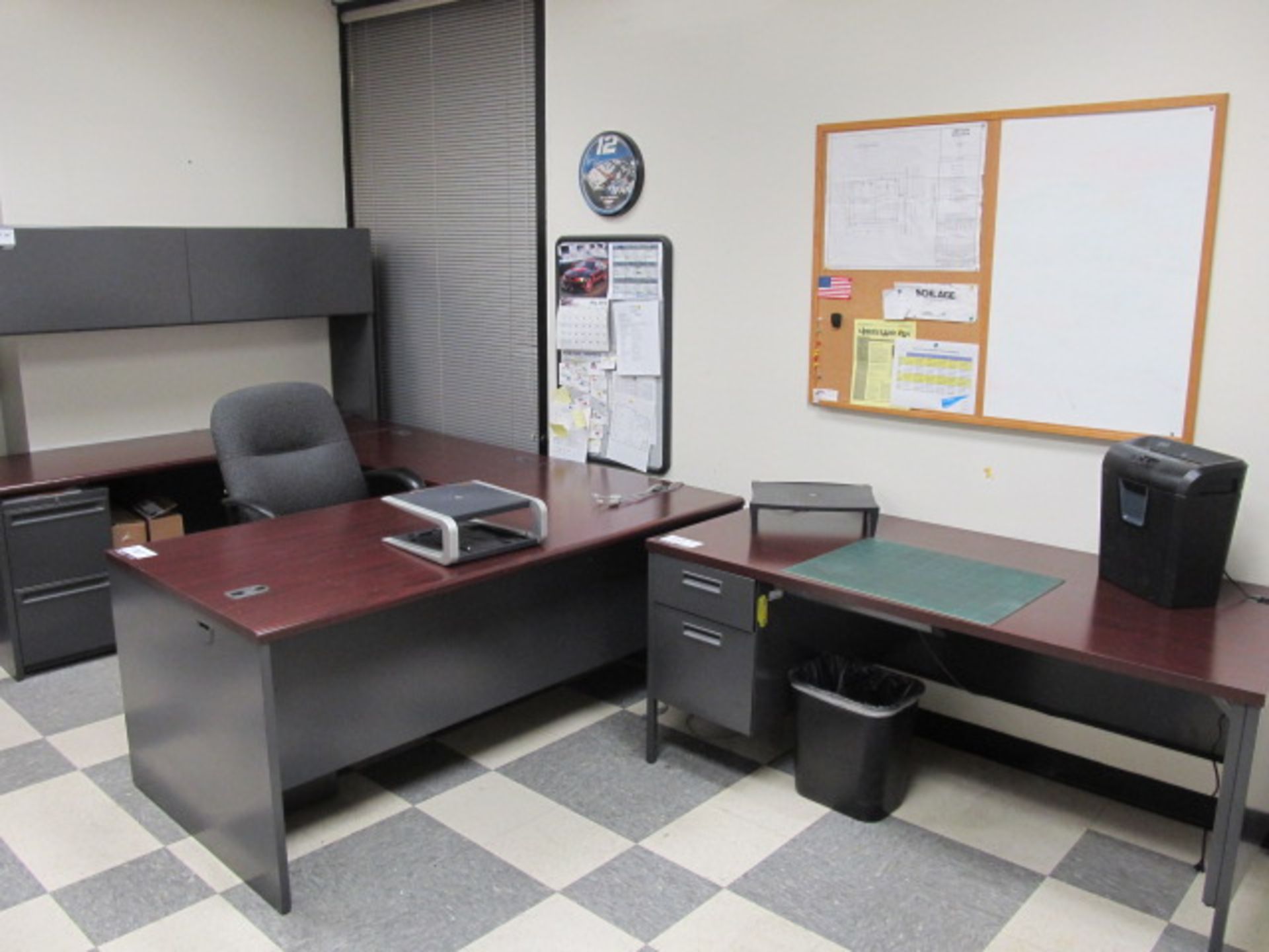 Lot Contents Of Office, (1) L-Shaped Desk With Return, Over Head Cubby, (2) Metal 2 Drawer Lateral