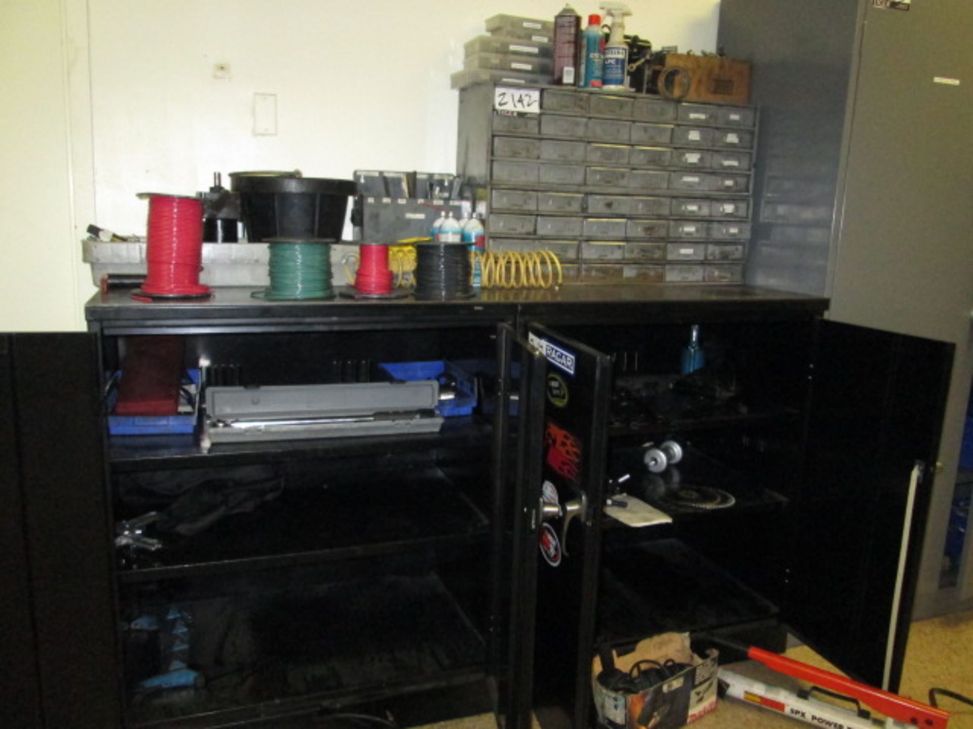 Lot Contents Of (2) Metal Storage Cabinets Consisting Of Assorted Wiring, Keystock, Rivets, Nuts,