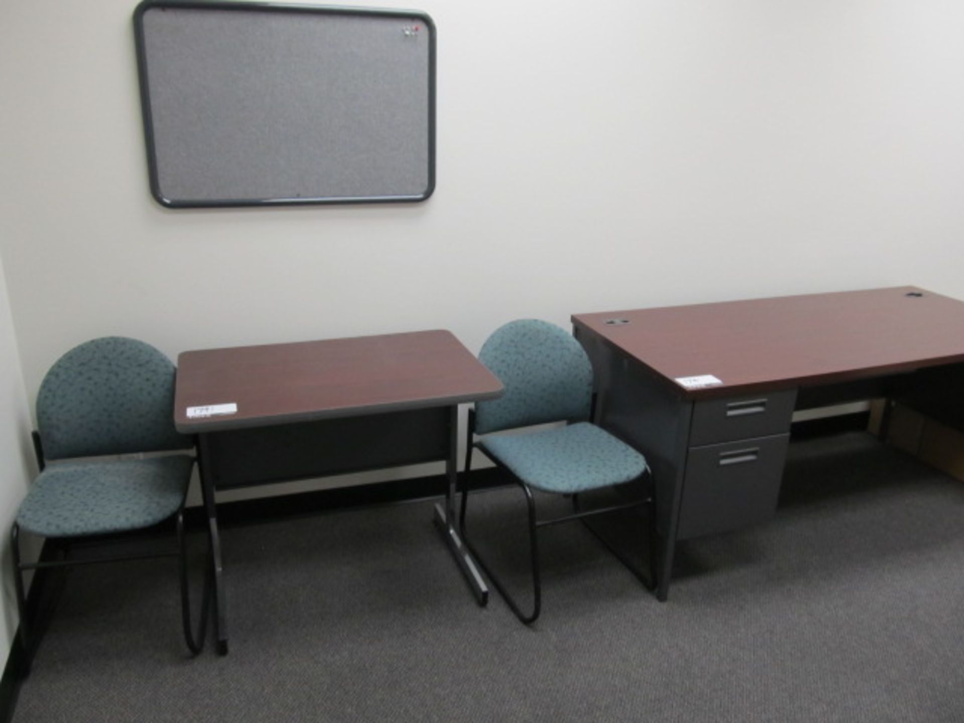 Lot (1) Metal Frame Desk, (1) Small Table, (2) Cushioned Metal Frame Sleigh Bottom Chairs, (1)
