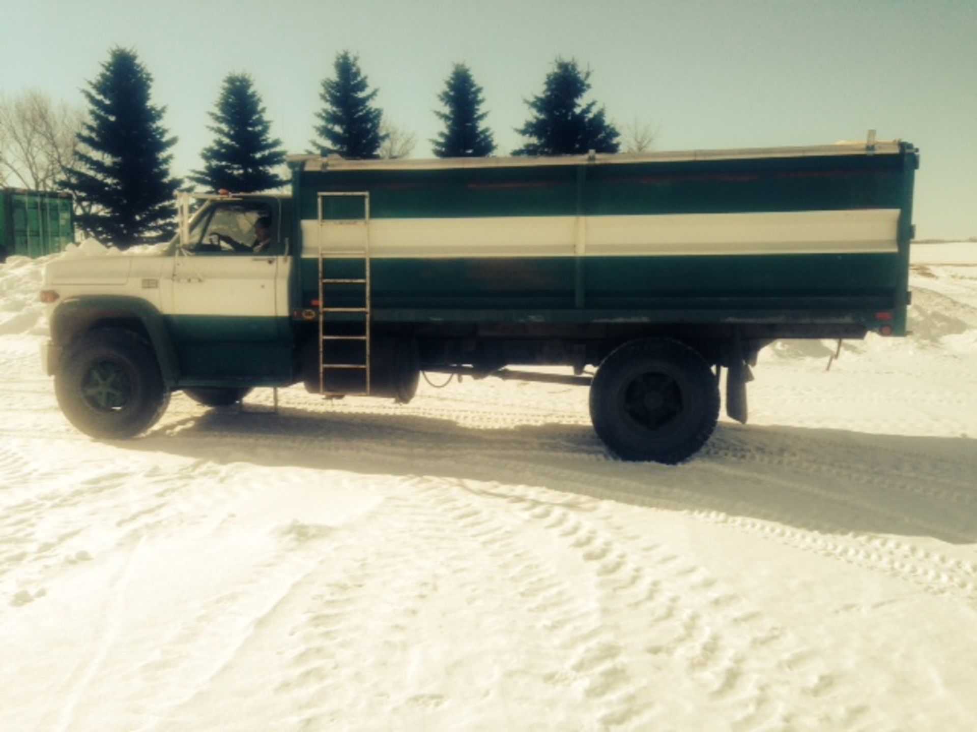 1980 gmc 3 ton truck: 16â€™ box and hoist, tarp, 5x2 v8