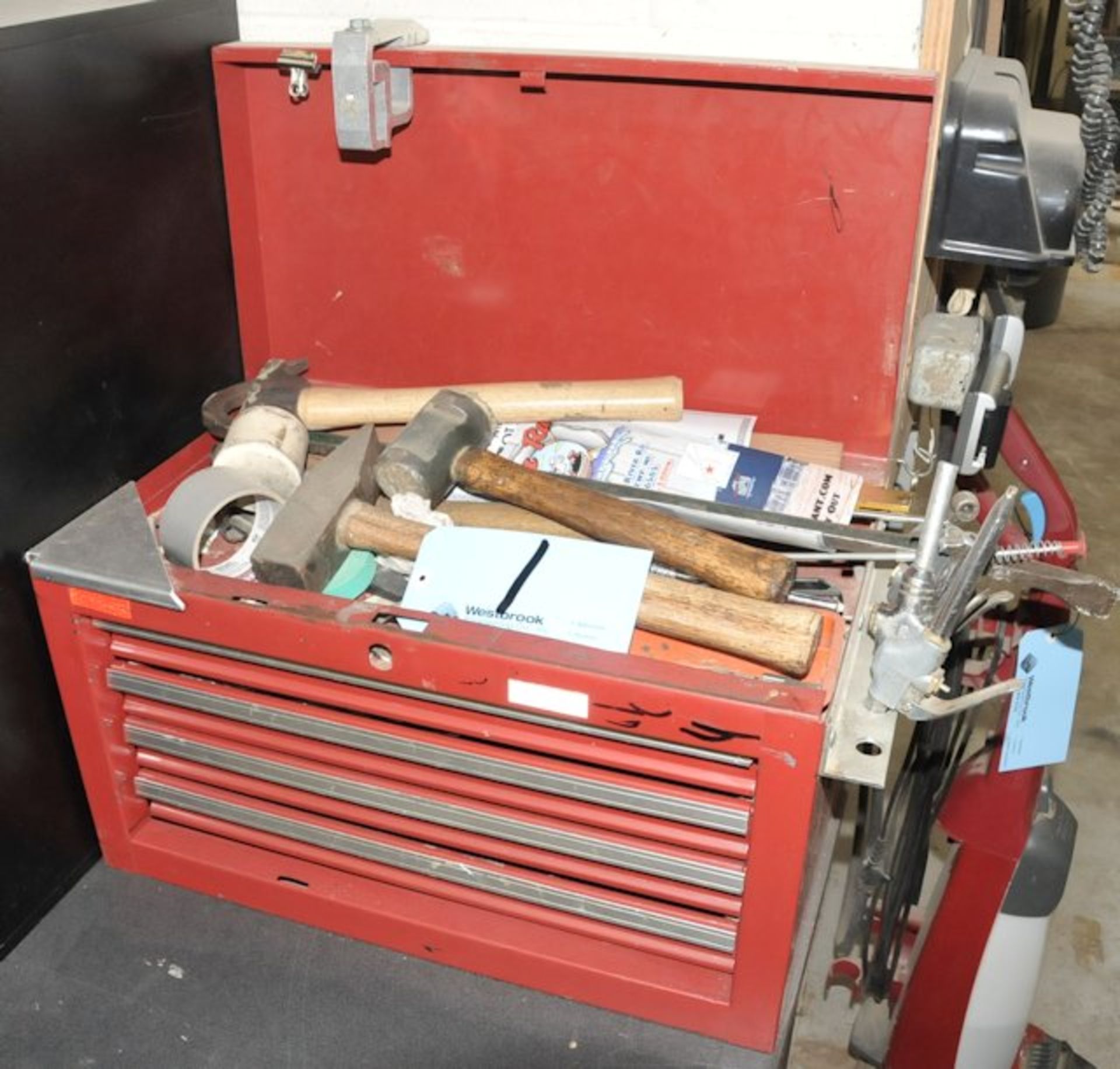 Lot-(1) 4-Drawer Tool Box with Contents and Tools on Wall