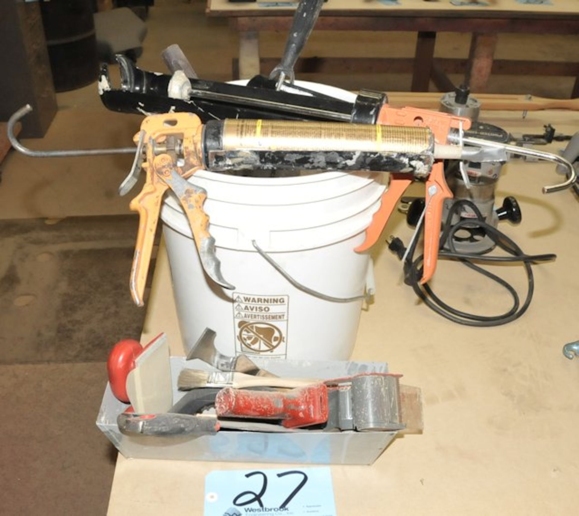 Lot-Caulk guns; Paint Rollers; etc. in (1) Bucket and (1) Pan