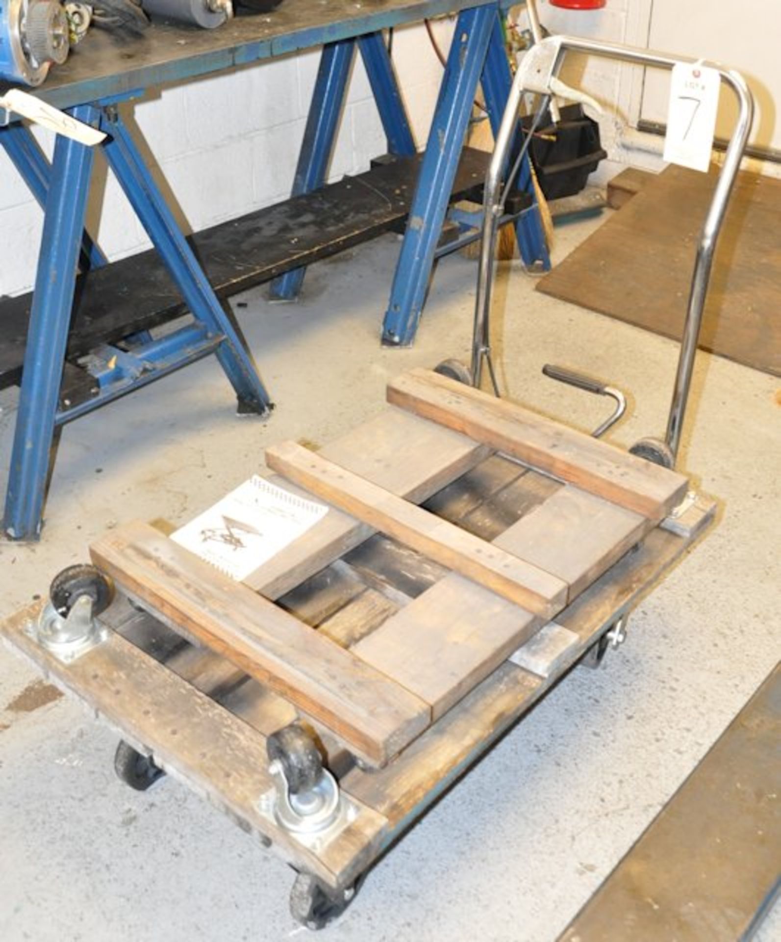 Lot-(1) Foot-Operated Lift Cart and (2) Wooden 4-Wheel Dollies