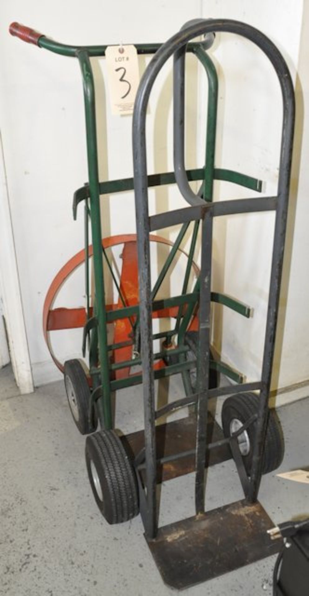 Lot-(2) 2-Wheel Hand Carts and (1) Drum Cart