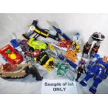 A mixed lot of toys to include Power Rangers, wooden animals,