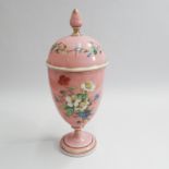 Victorian opaline glass covered vase, pink ground decorated with flowers, leaves and gilding 36cm