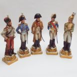 Set of Five porcelain figures of soldiers - Napoleon, etc, crowned Naples mark to base.  Appx 30cm