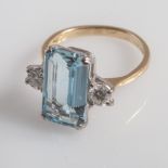 Aquamarine and diamond ring in 18ct white gold, set with rectangular stone, weighing appx 3.5 carats